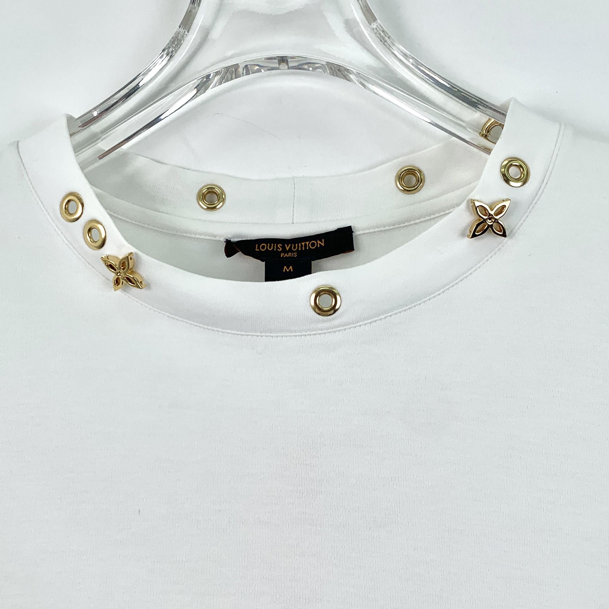 Louis Vuitton LV White Cotton Tee w/ Gold Eyelets & Floral Details Size M / US 6-8 / IT 42-44 - 4 Thumbnail