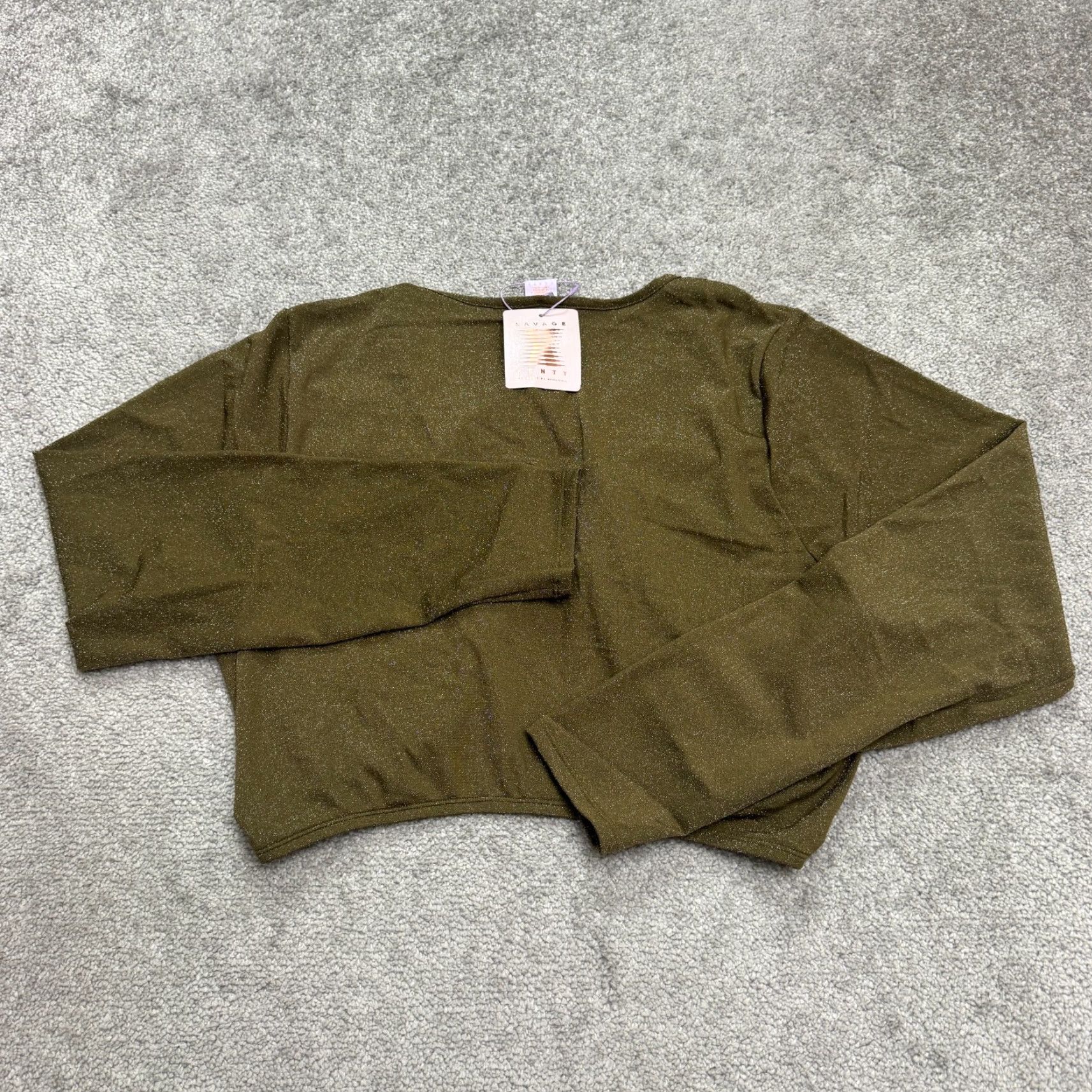 Olive Savage x Fenty by Rihanna Long Sleeve Tie Front Crop Blouse 3X Olive Green Metallic Clubwear Womens Size XXL / US 16-18 / IT 52-54 - 3 Thumbnail
