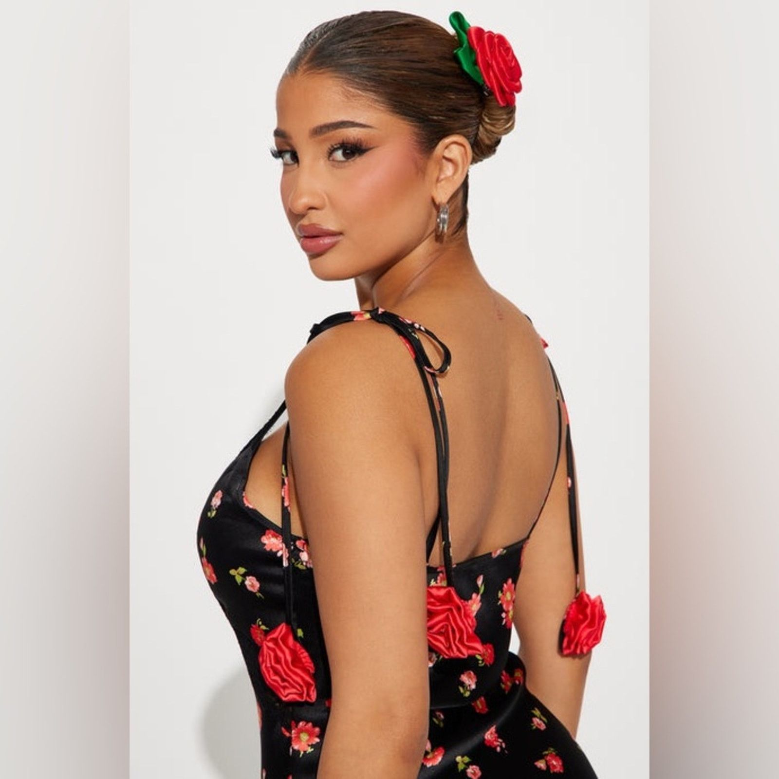 For Love & Lemons 🌹 Nikki Satin Midi Dress Black/RED Size L NWT. (Item #098) Size L / US 10 / IT 46 - 3 Thumbnail