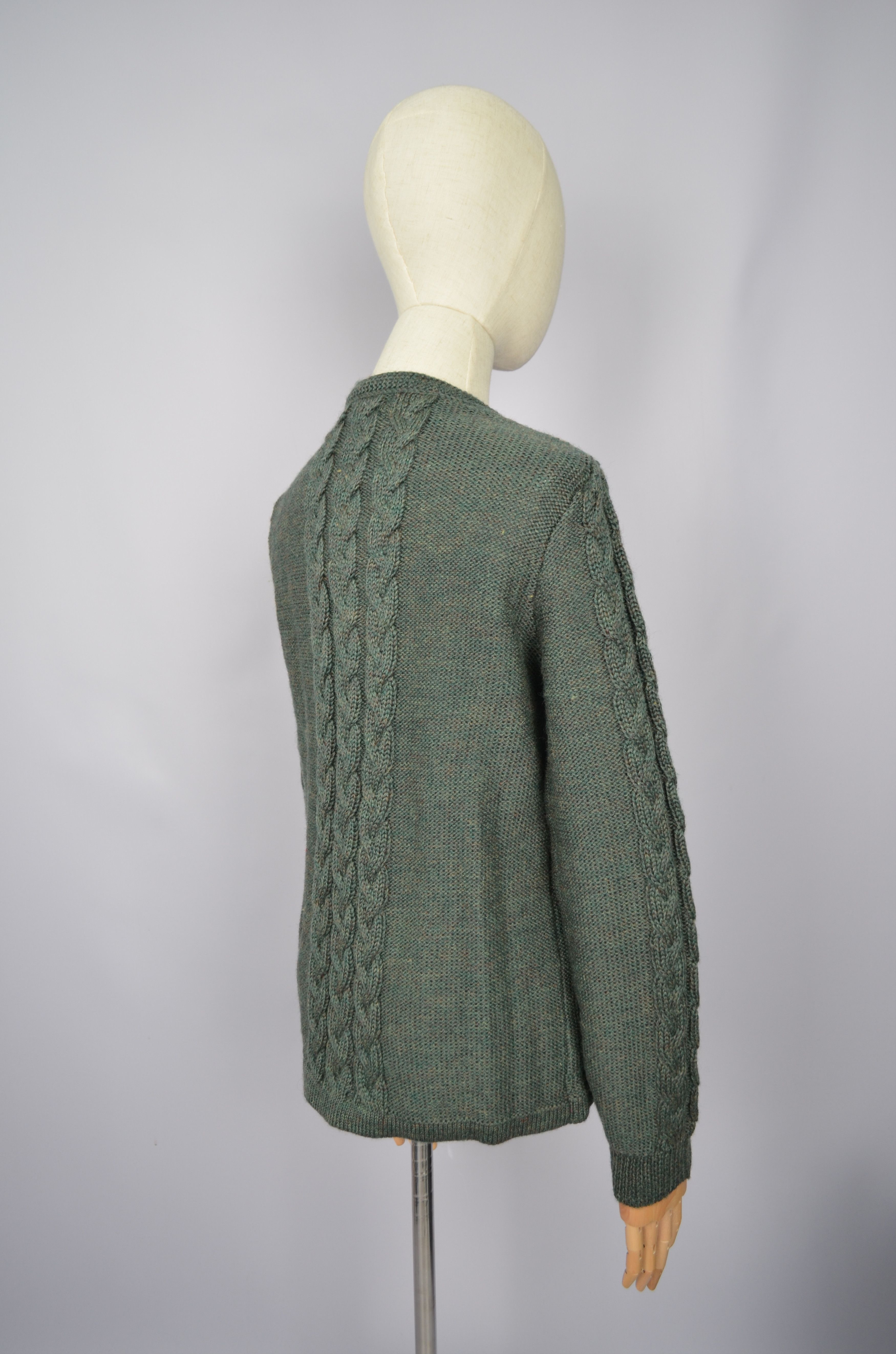 Designer Munrospun Cableknit Cardigan Size S Moss Green Pure New Wool Size S / US 4 / IT 40 - 8 Thumbnail
