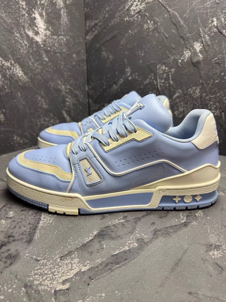 Louis Vuitton LV Trainer White & Blue Leather Panel Sneakers Q10 Size US 8.5 / EU 41-42 - 7 Thumbnail