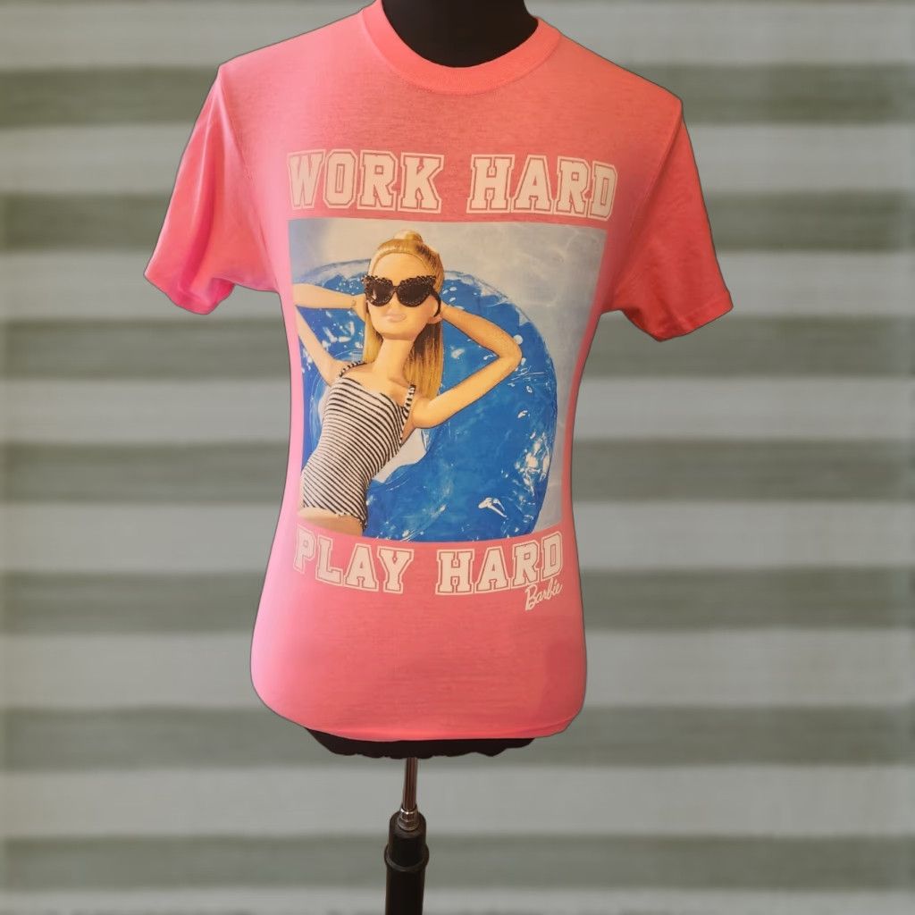 Vintage Barbie Work Hard Play Hard Pink Short Sleeve T Shirt Size Small Size US S / EU 44-46 / 1 - 1 Thumbnail