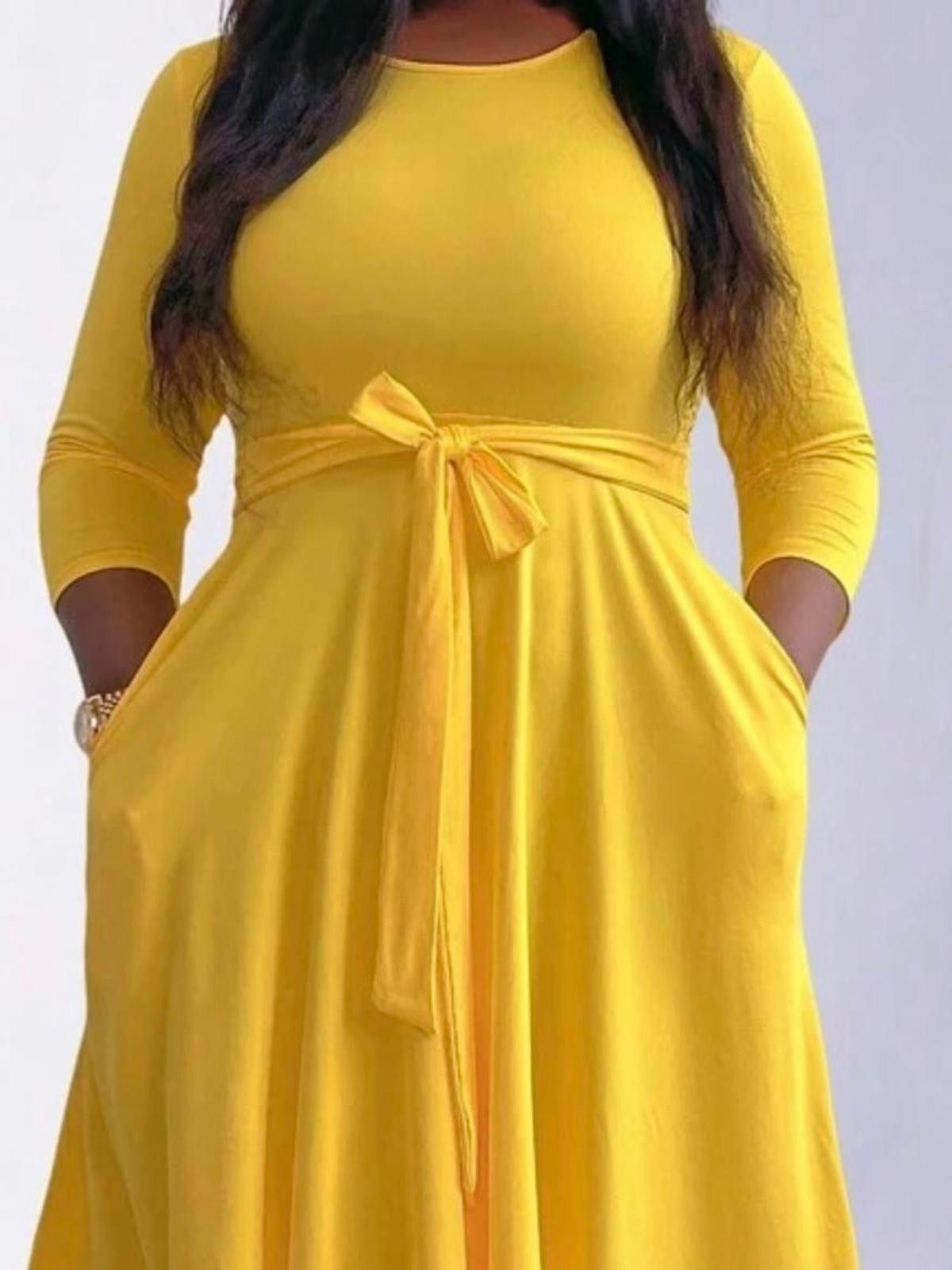 Designer Stylish Long Sleeve Yellow Dress with Belt Size M / US 6-8 / IT 42-44 - 1 Thumbnail
