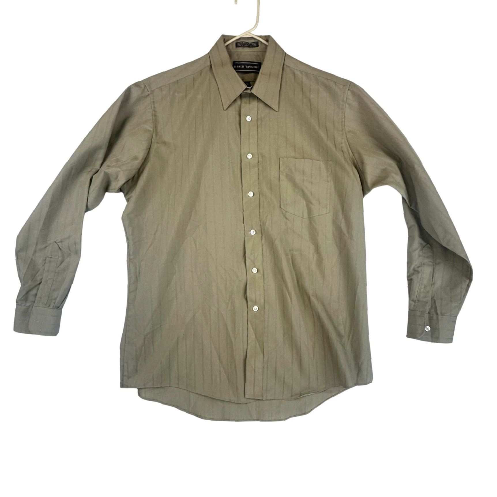 Vintage David Taylor Shirt Mens 16.5 34/35 Khaki Beige Stripe Dress Long Sleeve Pocket Button Down Classic Vintage Size 46R - 2 Thumbnail