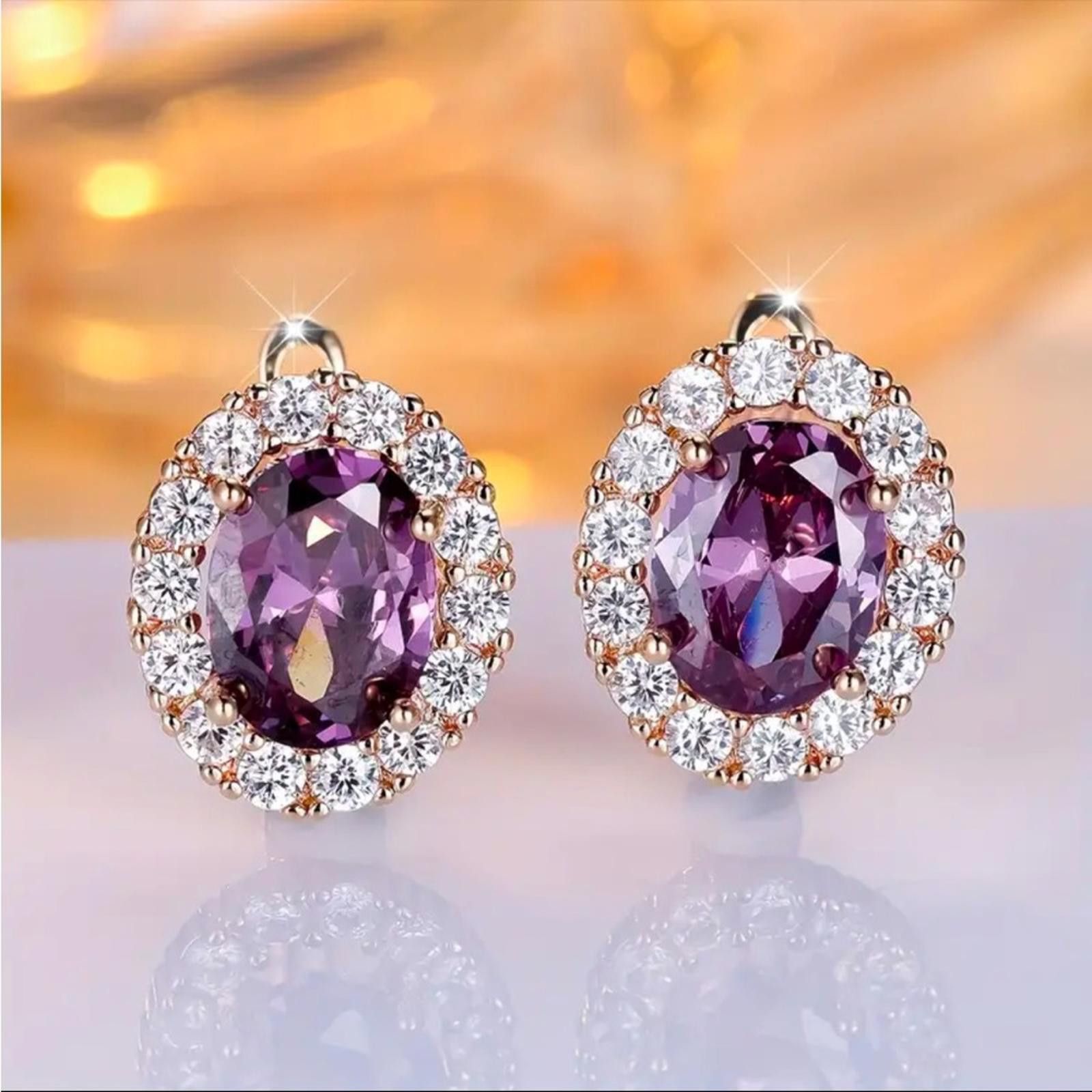 Designer Purple Amethyst and Zircon Diamond Stud Earrings Synthetic Size ONE SIZE - 2 Thumbnail