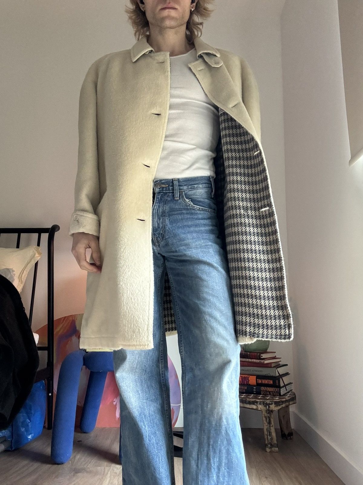 Pal Zileri Cream Alpaca Mohair Coat With Houndstooth Lining Size US M / EU 48-50 / 2 - 1 Thumbnail