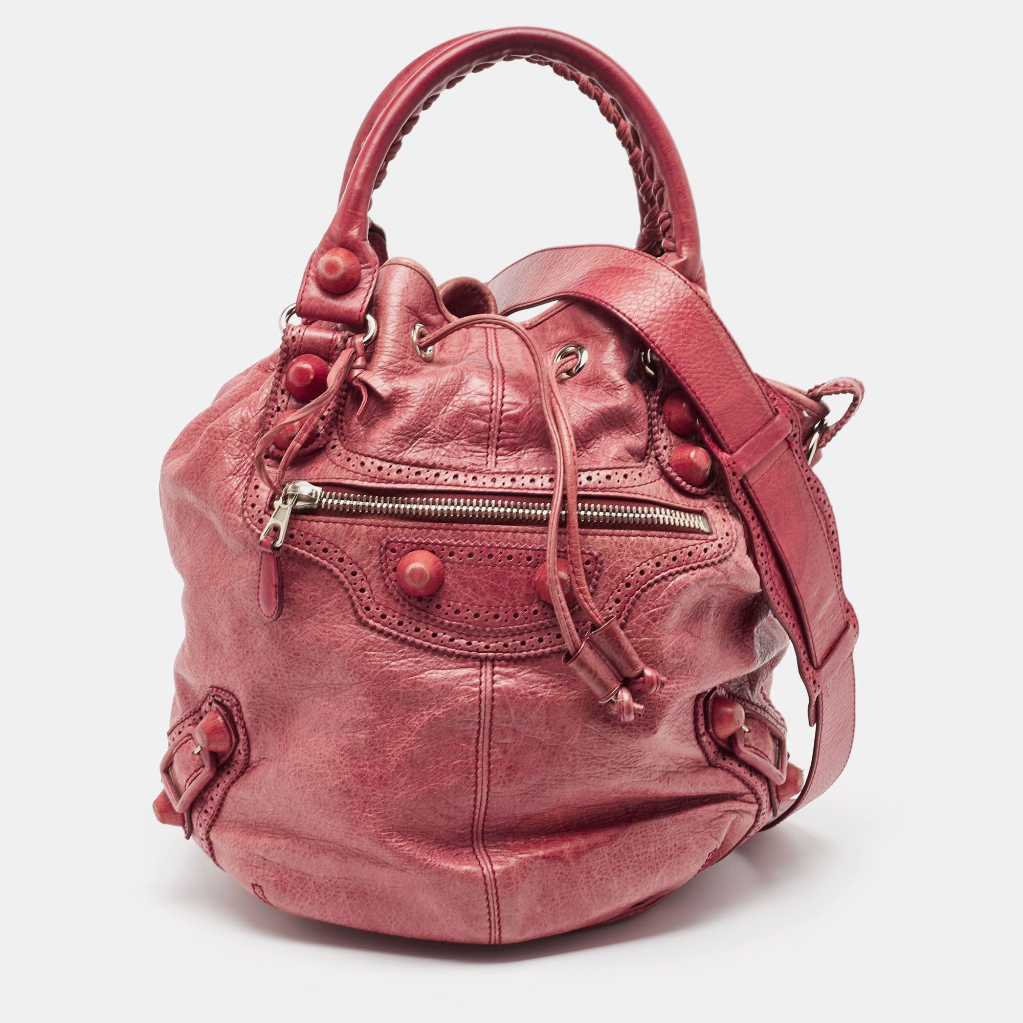image of Balenciaga Red Leather Brogues Pompon Hobo, Women's