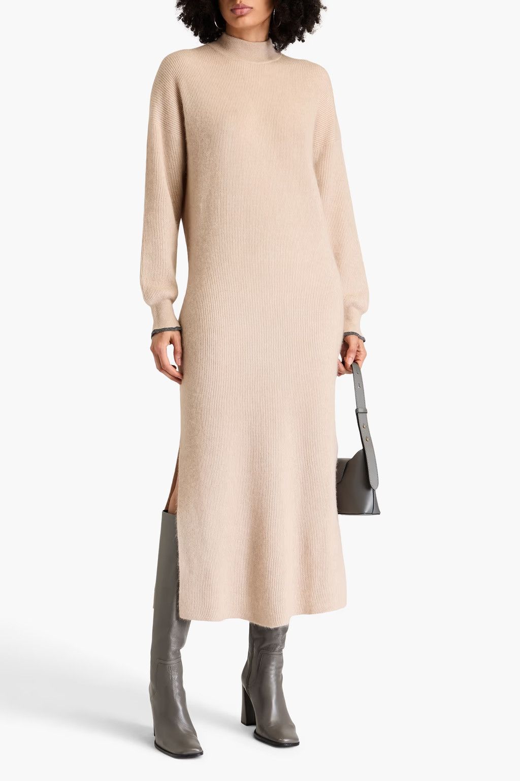 Brunello Cucinelli o1y0725 Midi Dress in Beige Size L / US 10 / IT 46 - 2 Thumbnail