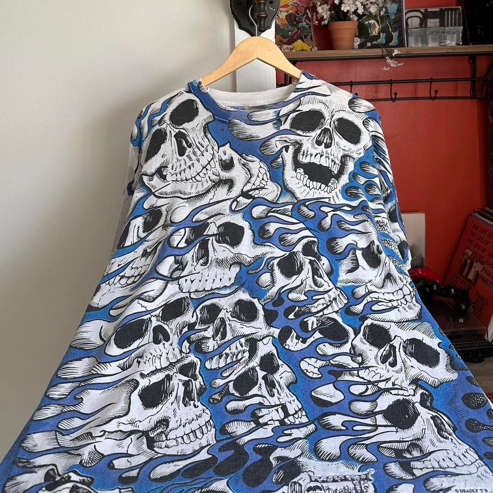 image of Fruit Of The Loom x Liquid Blue Vintage Skulls Deadly T’S Shirt in Blue, Men's (Size XL)