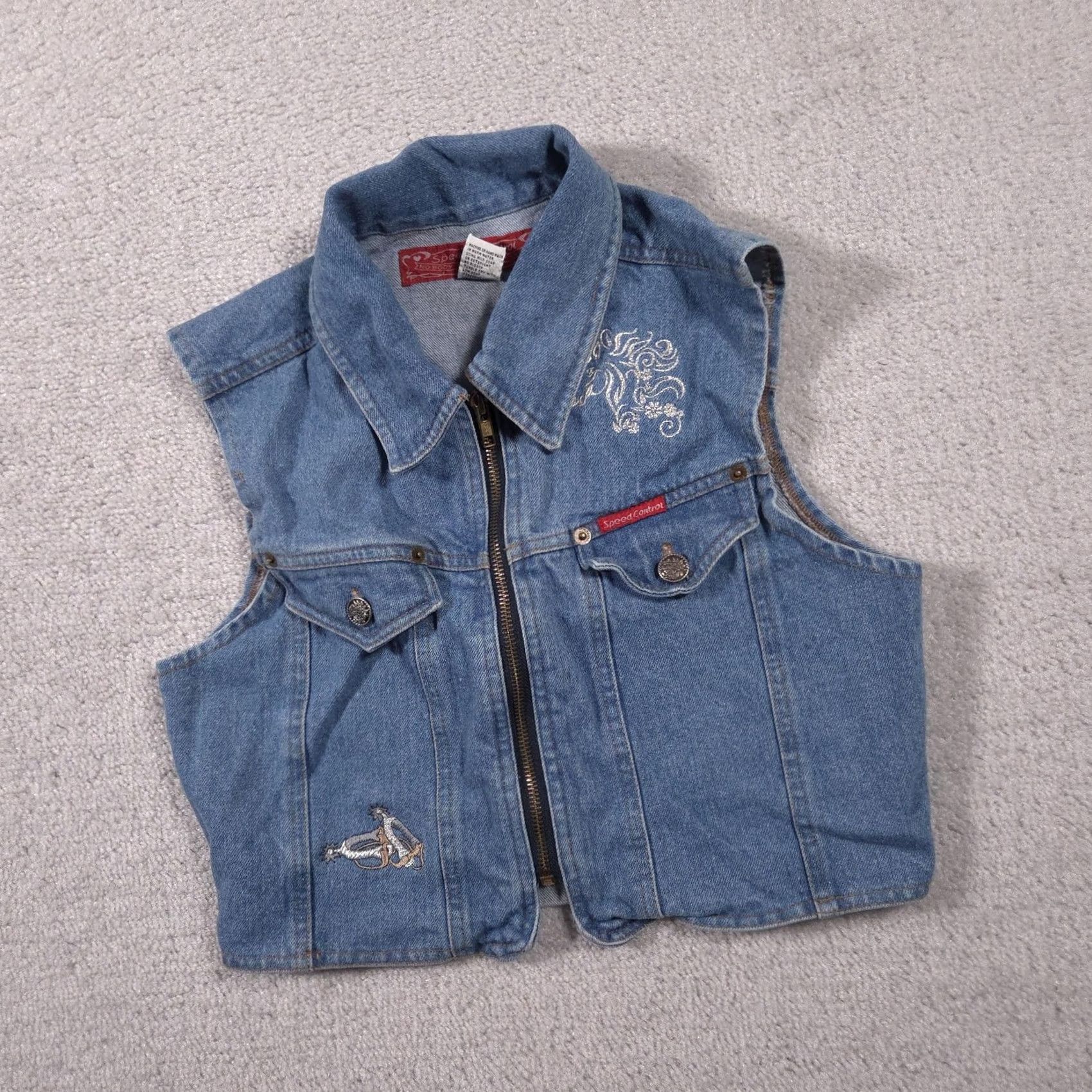 Speedo VINTAGE Speed Control Vest Girls Small Blue Denim Zip Front Embroidered Horse Western Size S / US 4 / IT 40 - 2 Thumbnail