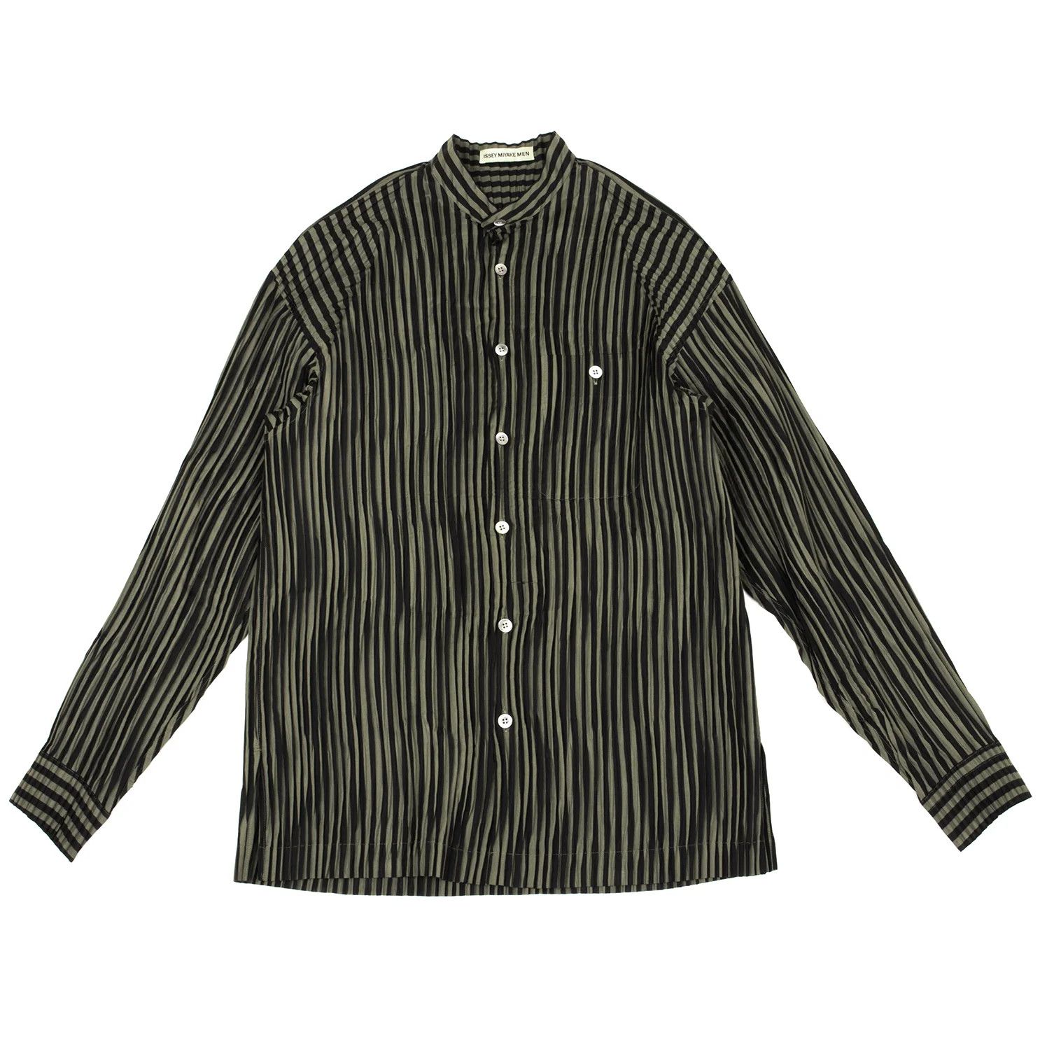 Issey Miyake Pleated Stripe Band Collar Shirt in Black Khaki M Size US M / EU 48-50 / 2 - 1 Thumbnail