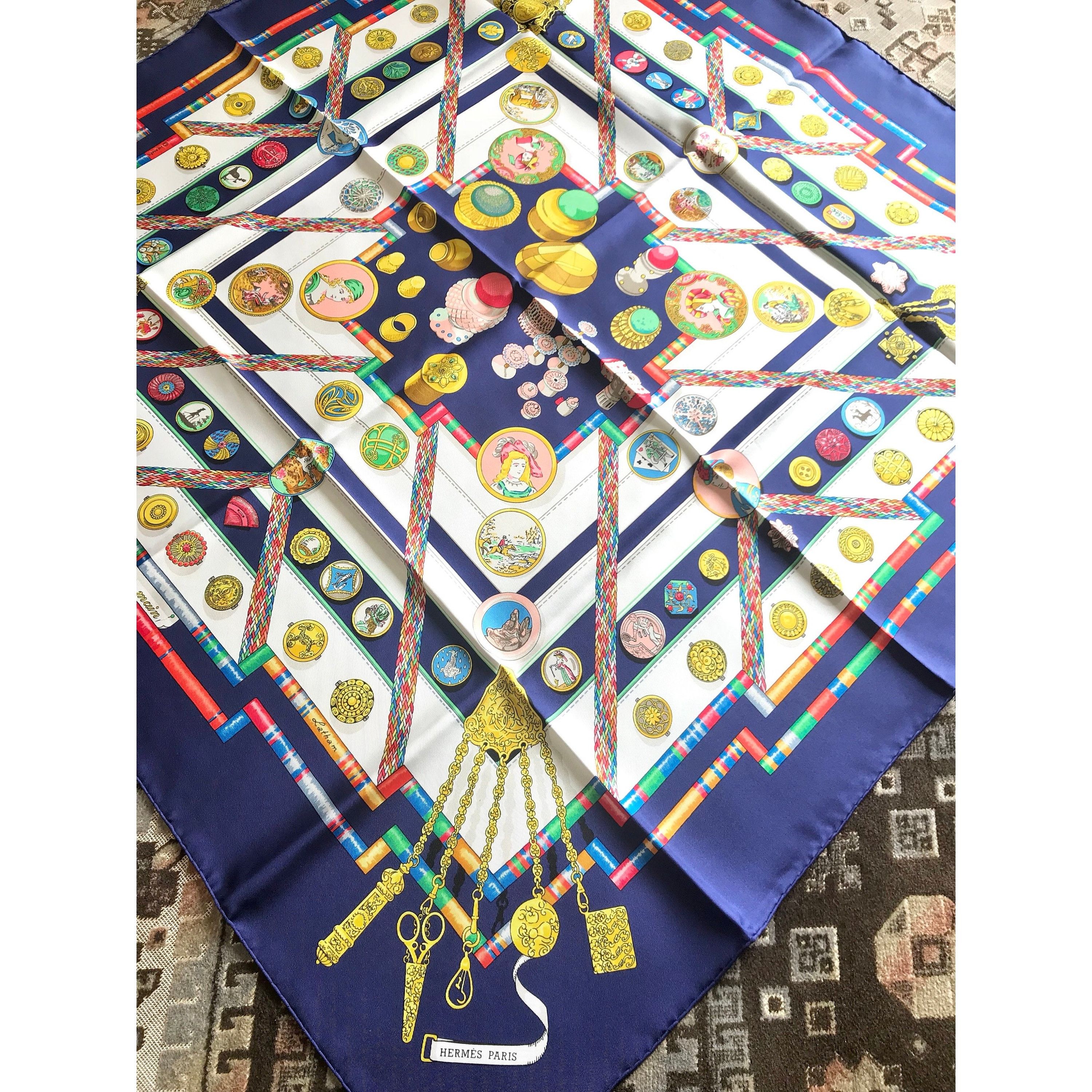 Hermes Vintage HERMES Carre navy silk scarf with yellow, pink, gree Size ONE SIZE - 2 Thumbnail