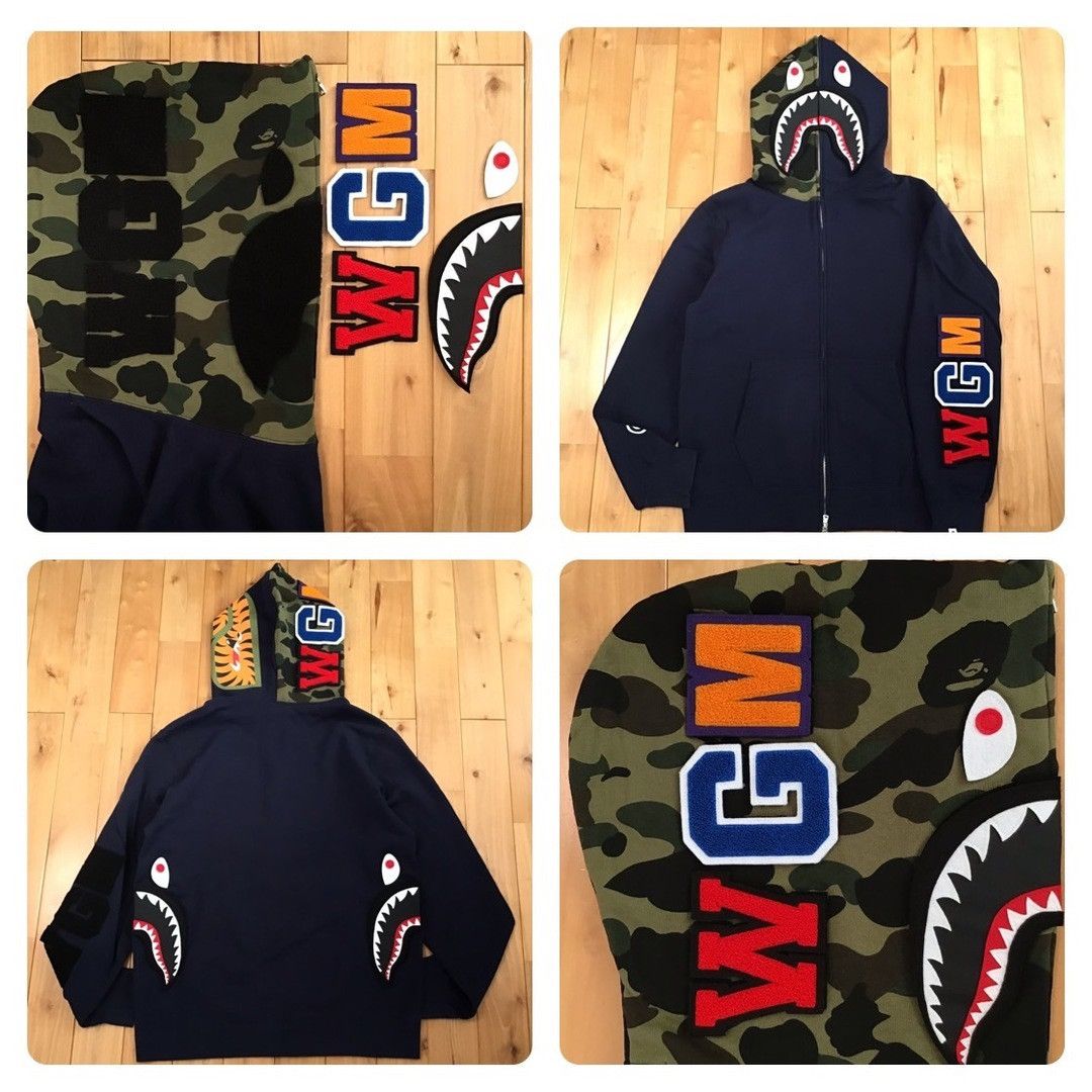 BAPE DETACHABLE Shark full zip hoodie navy x 1st camo green