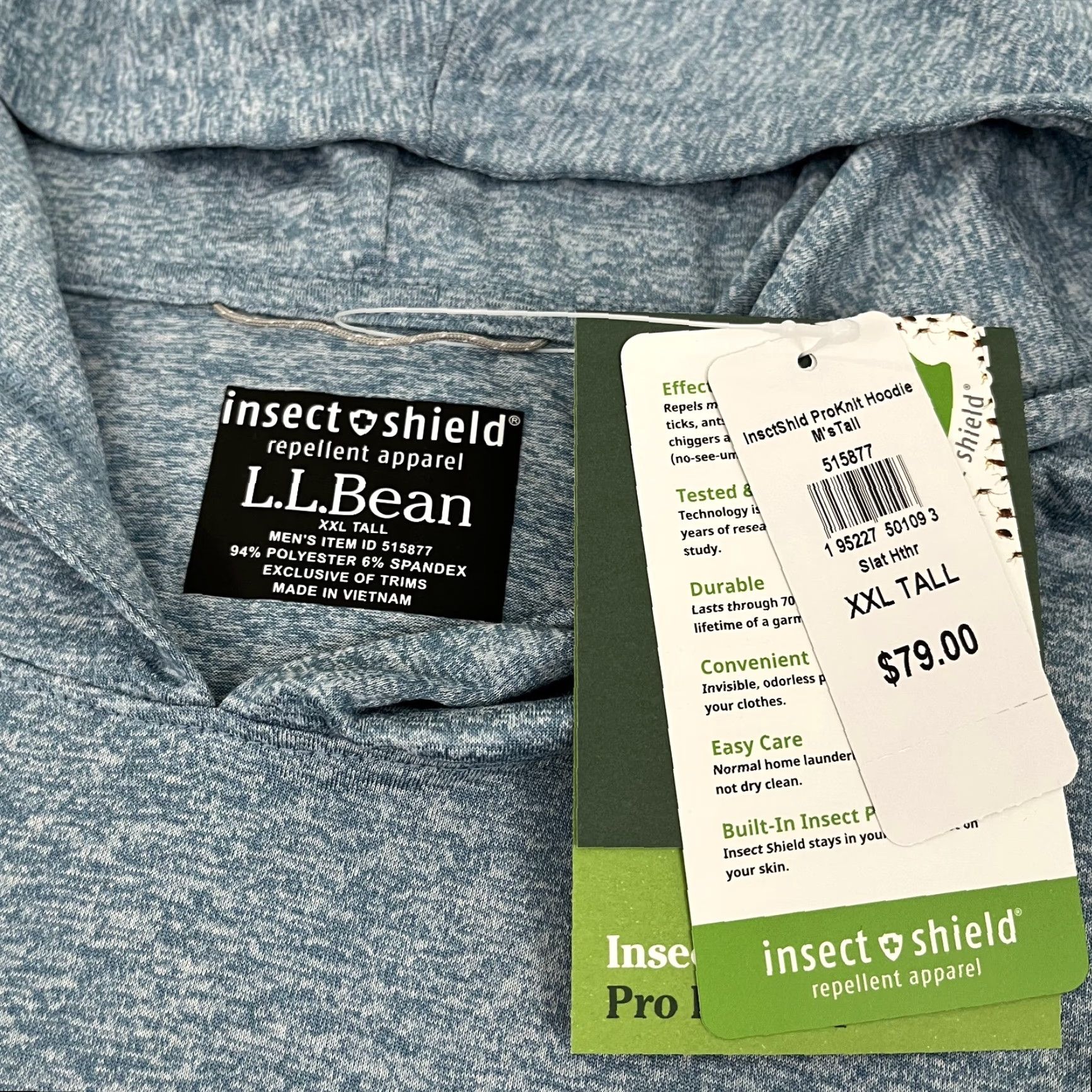 Vintage LL Bean Insect Shield ProKnit Hoodie Mens 2XLT Tall Heather Blue Hiking Stretch Size US XXL / EU 58 / 5 - 3 Thumbnail