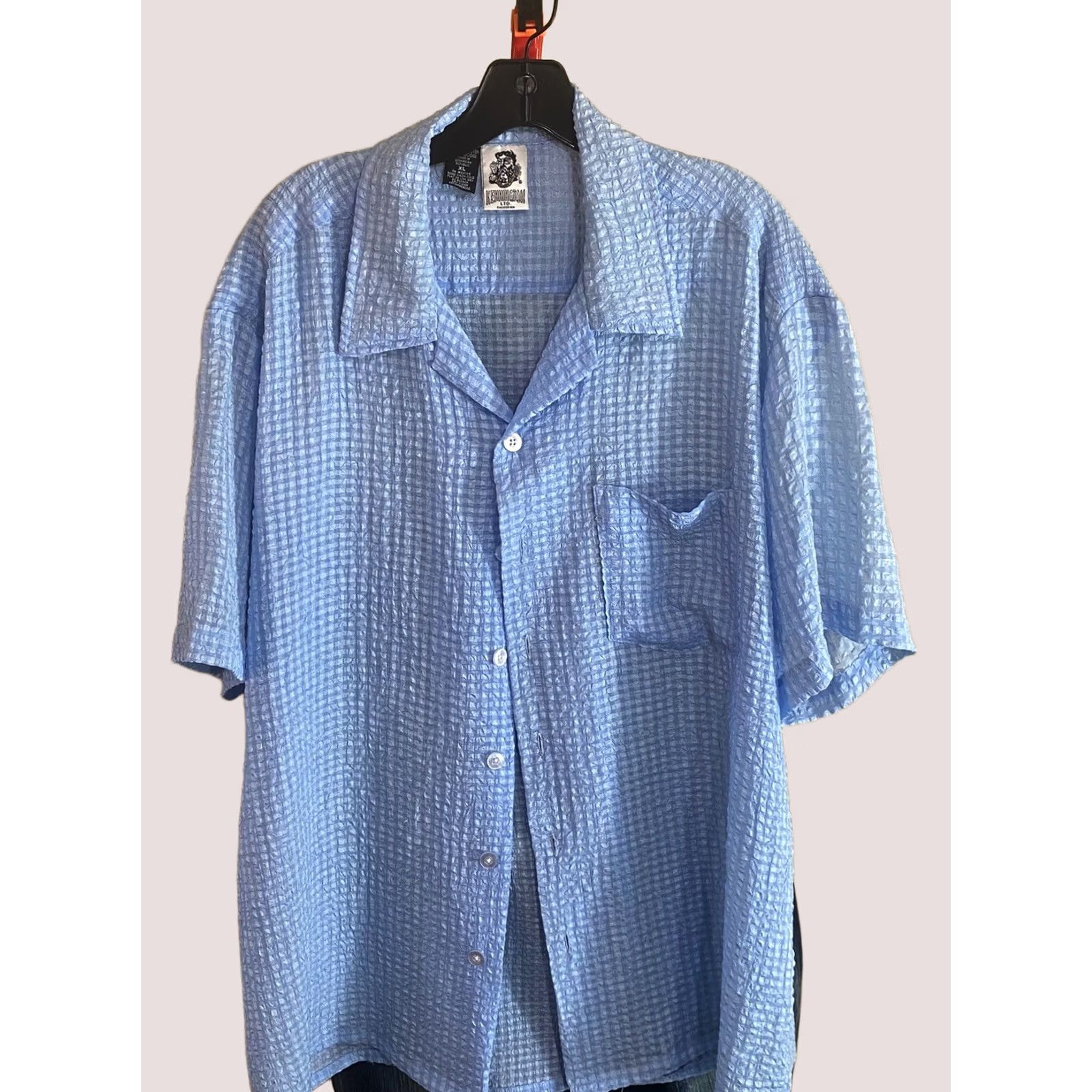 Vintage Kennington California Sky Blue Poly Textured Short Sleeve Button Shirt XL Mens Shirt Size US XL / EU 56 / 4 - 1 Thumbnail