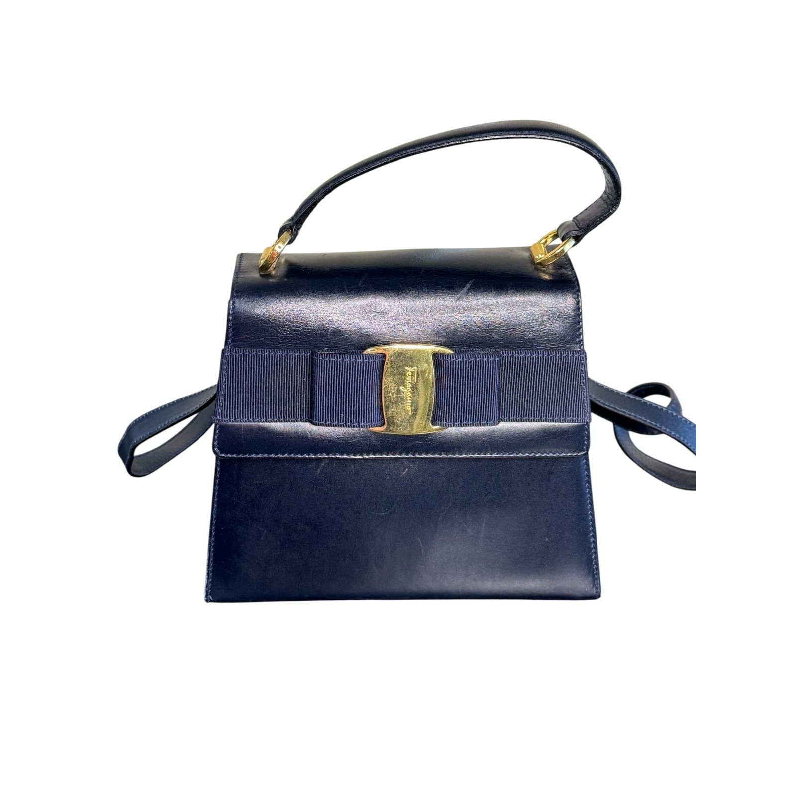 Ferragamo Vintage Top Handle Bag in Navy w/Gold Hardware