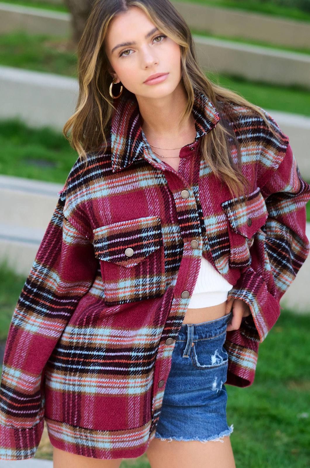 La Milano Loose Fit Plaid Button Down Shacket with Pockets Size S / US 4 / IT 40 - 11 Thumbnail