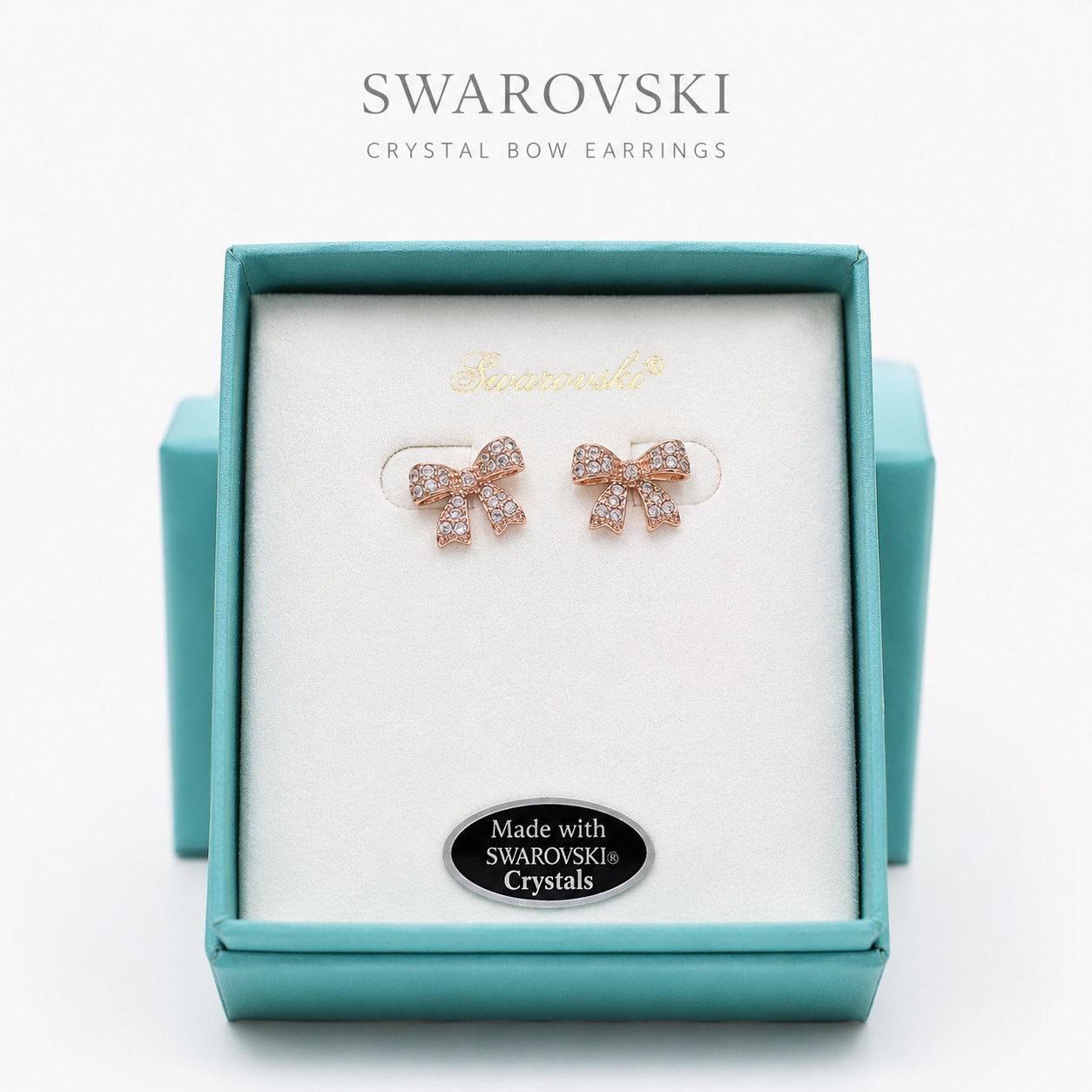 Swarovski Crystal Bow Stud Earrings Rose GoldTone New in Box