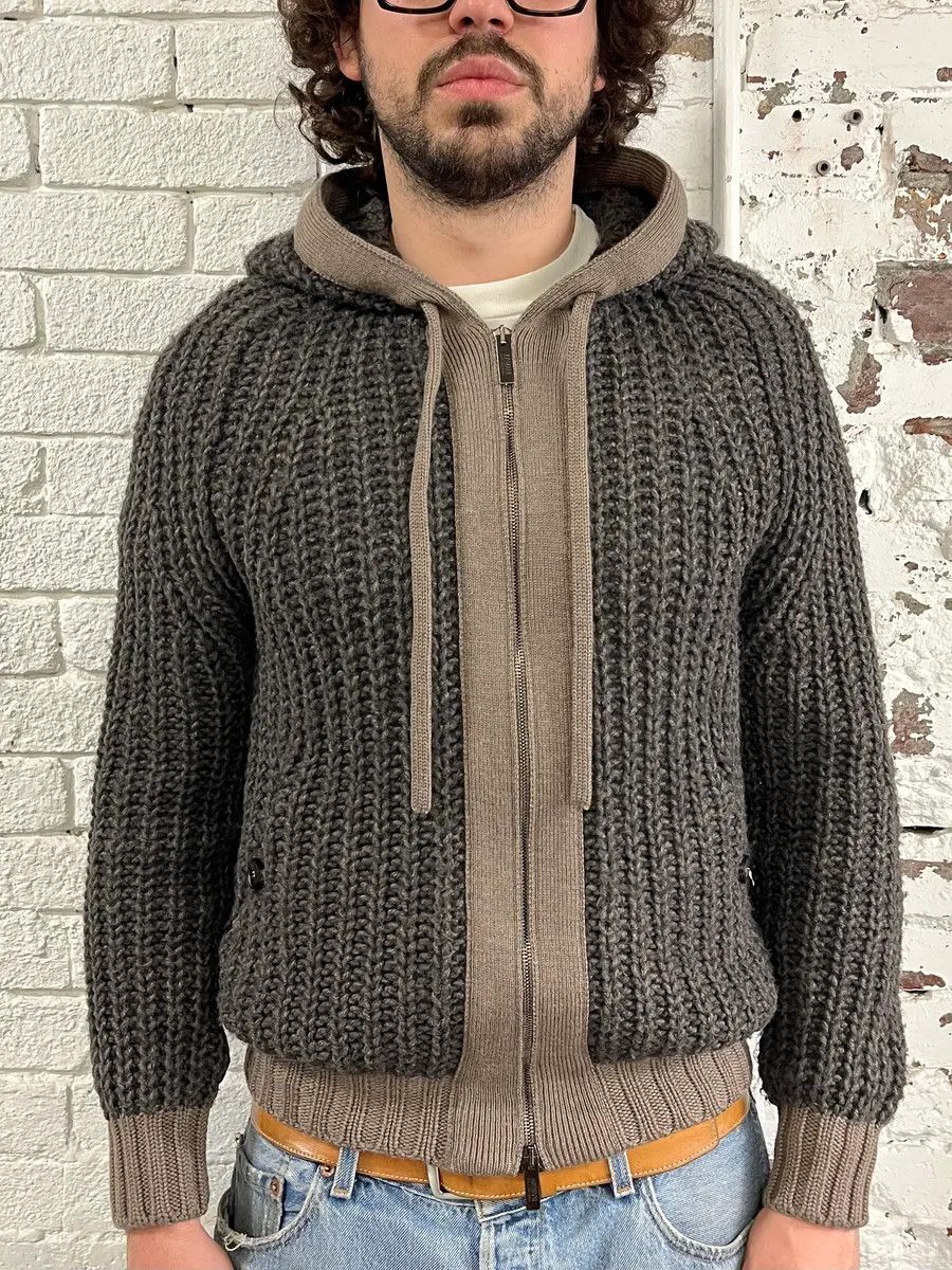 Armani Collezioni Armani Collezioni Wool Cable Knit Grey Zip-Up Hoodie Size US S / EU 44-46 / 1 - 2 Thumbnail