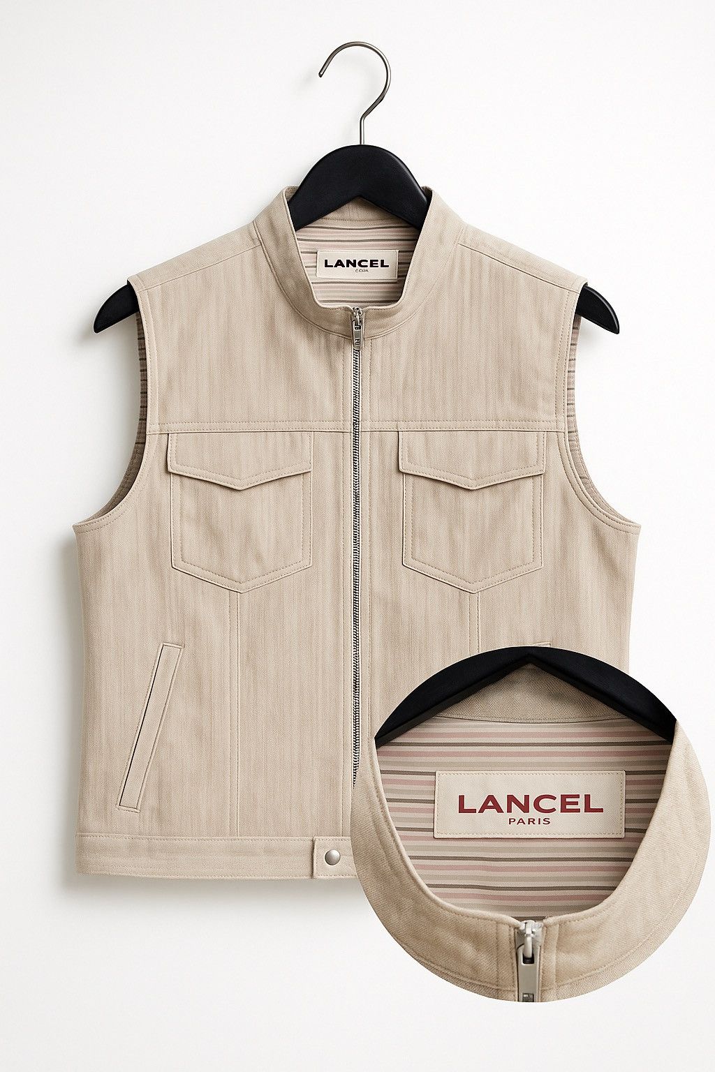 Lancel Vintage Lancel Paris Men’s Sleeveless Zip Vest Beige Cotton Size S / US 4 / IT 40 - 1 Thumbnail