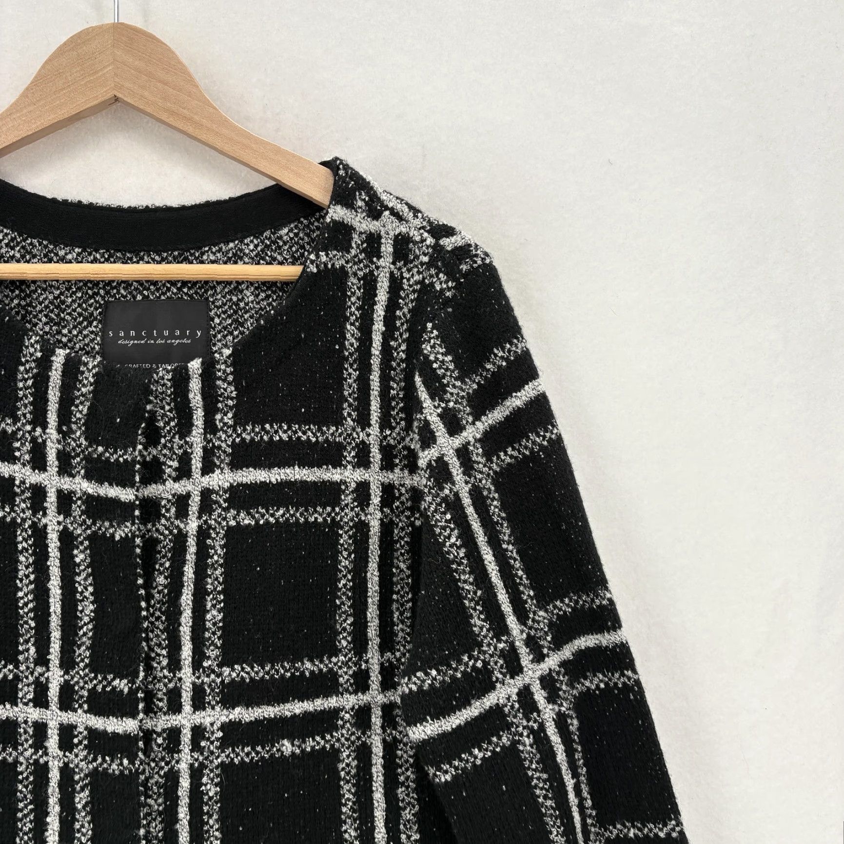 Sanctuary Sanctuary Cardigan Sweater Womens Large Black Plaid Open Front Knit Longline NWT Size L / US 10 / IT 46 - 2 Thumbnail