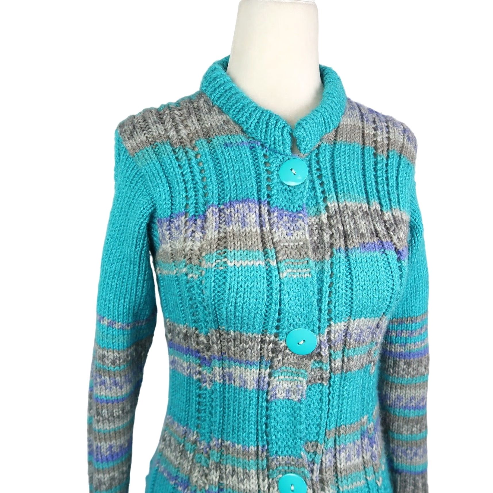 Altea VINTAGE Teal Blue and Grey Stripe Cardigan Sweater Duster Long XS Women Knit Acrylic 90s Bohemian Striped Casual Fall Winter Long Sleeve Size XS / US 0-2 / IT 36-38 - 2 Thumbnail