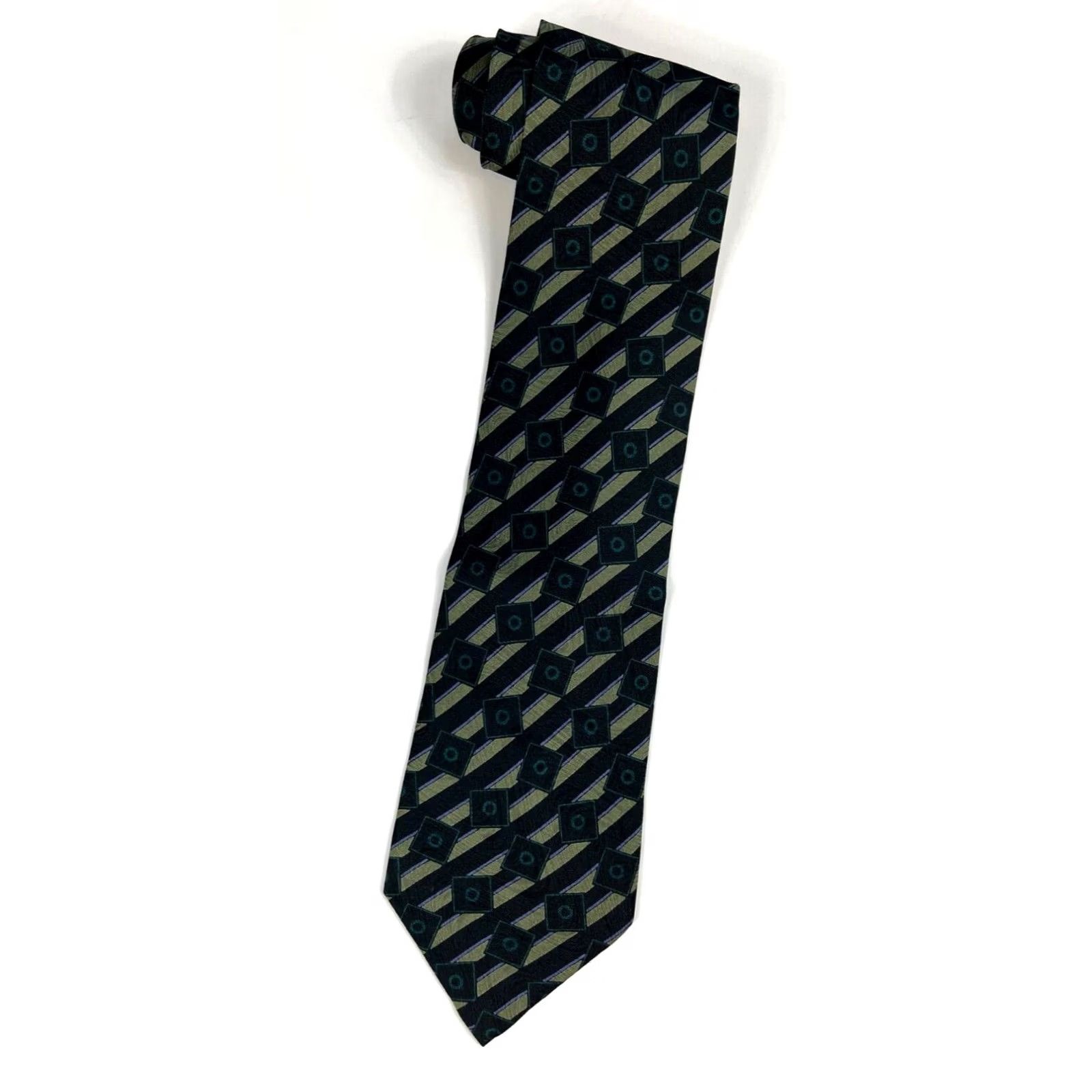 Giorgio Armani VINTAGE Giorgio Armani Cravatte Tie Geometric Silk Made in Italy Men’s Vintage Luxury Silk Tie 100% Silk Black Green 58" Wide 3.75" Mens Size ONE SIZE - 2 Thumbnail