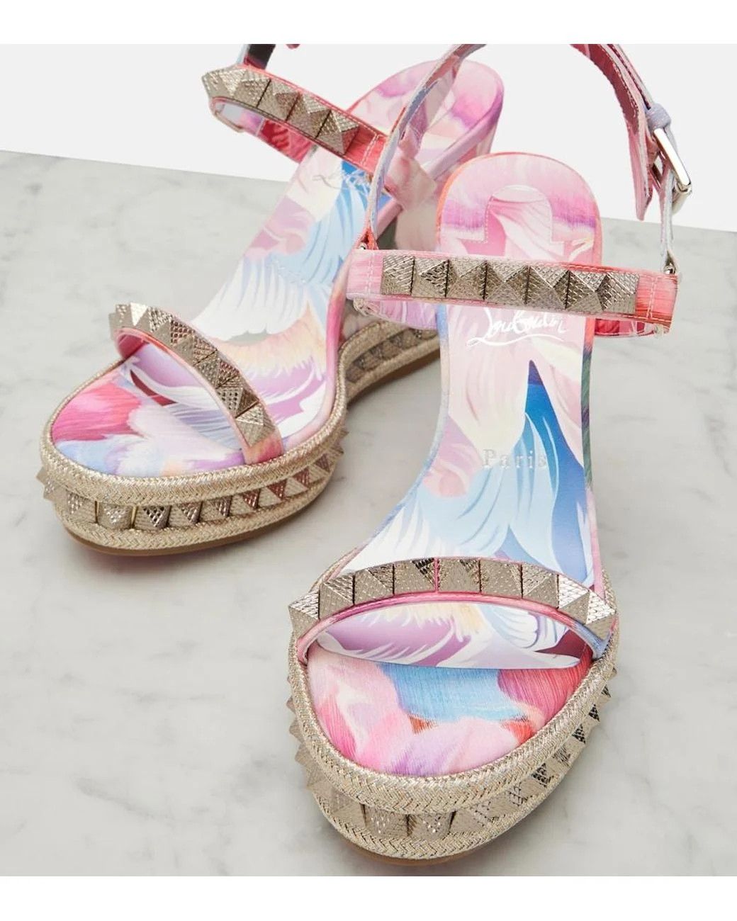 Christian Louboutin os11x0526 Clou Studded Floral Wedge Espadrilles Sandals Size US 7 / IT 37 - 4 Thumbnail