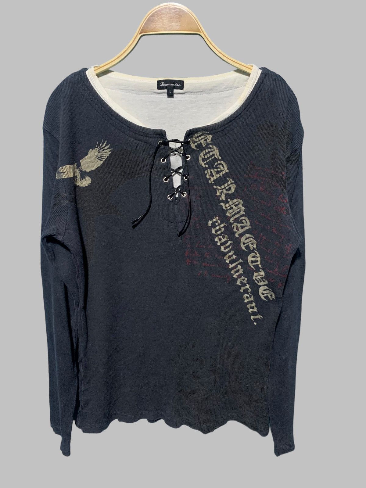 image of 14Th Addiction x If Six Was Nine Beaumere Grunge Laces Up Poem Thermal Long Sleeve in Grey (Size Me