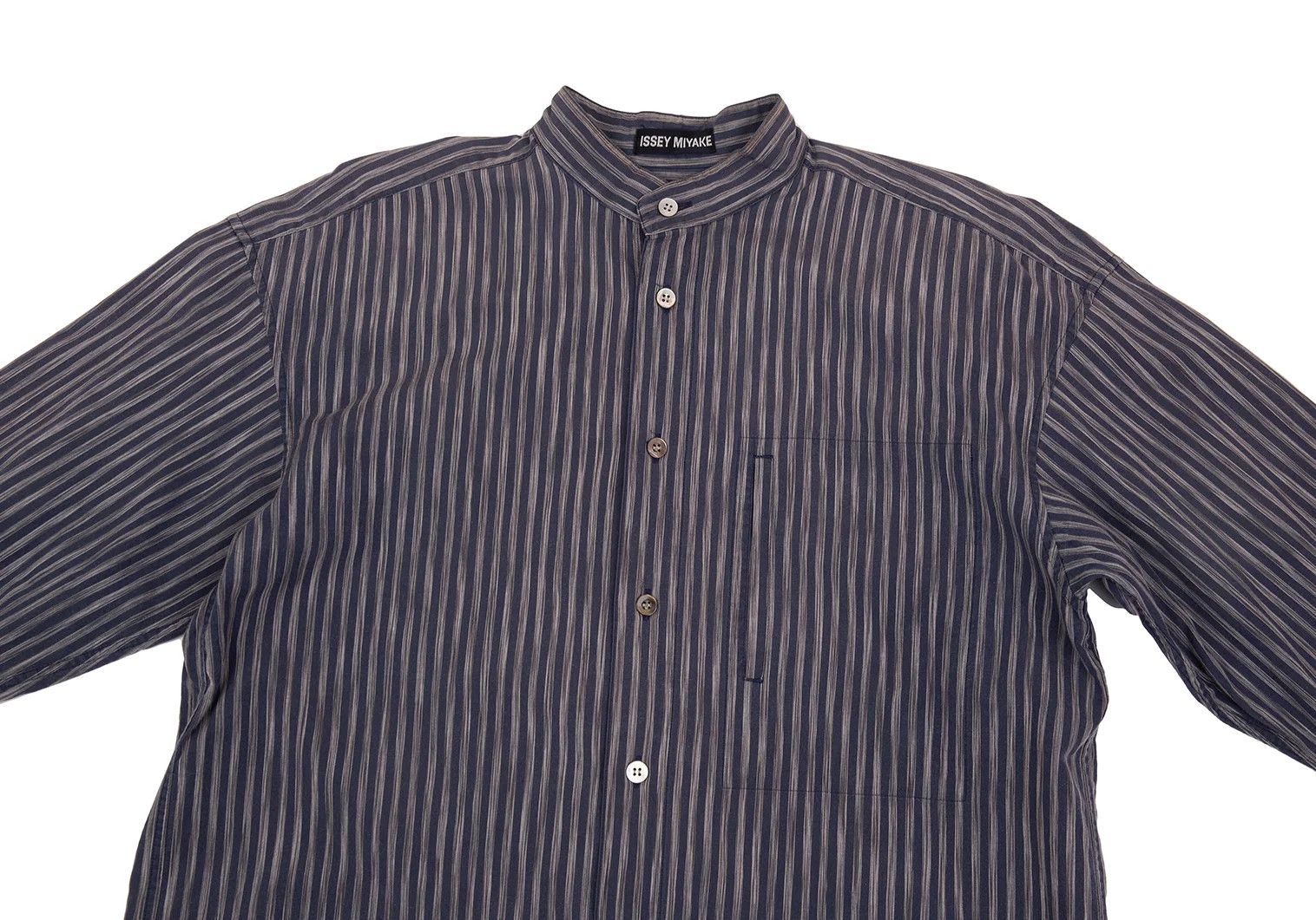 Issey Miyake Cotton Stripe Mao Collar Shirt in Navy Gray, Size L Size US L / EU 52-54 / 3 - 2 Thumbnail