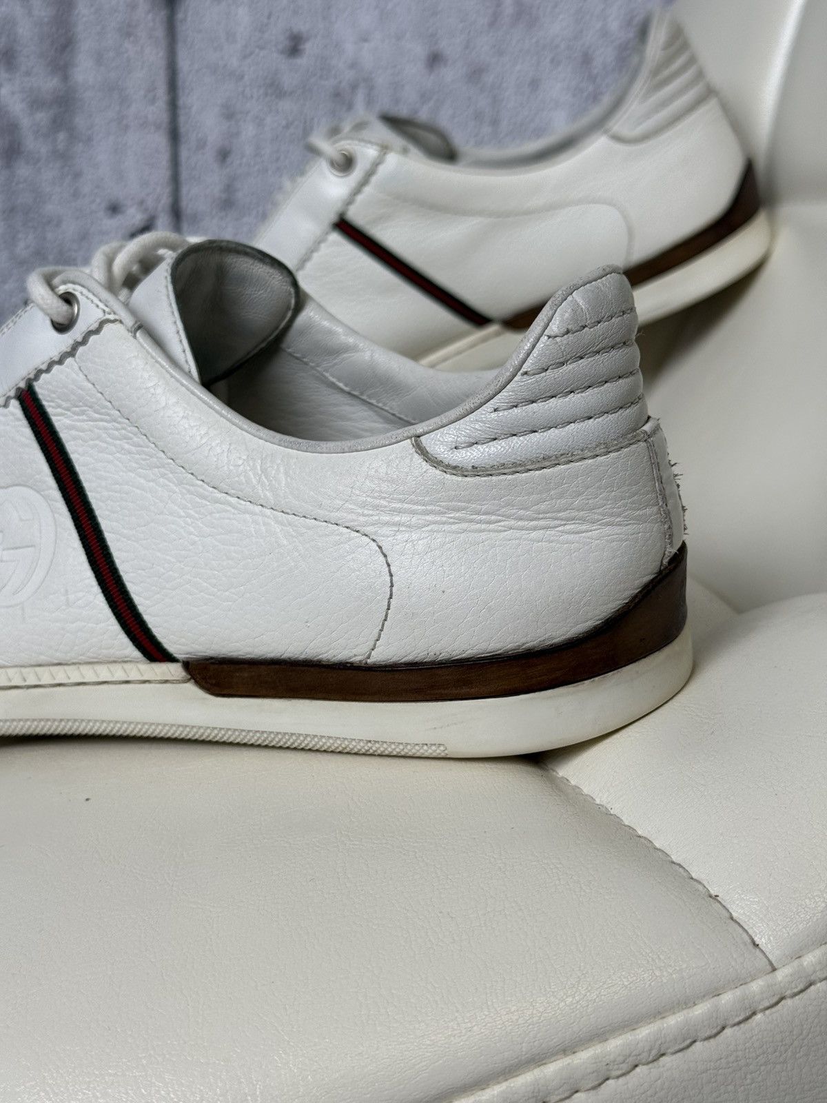 Gucci Gucci White Leather Low Top Sneakers Web Stripe & GG Logo Size US 9 / EU 42 - 5 Thumbnail