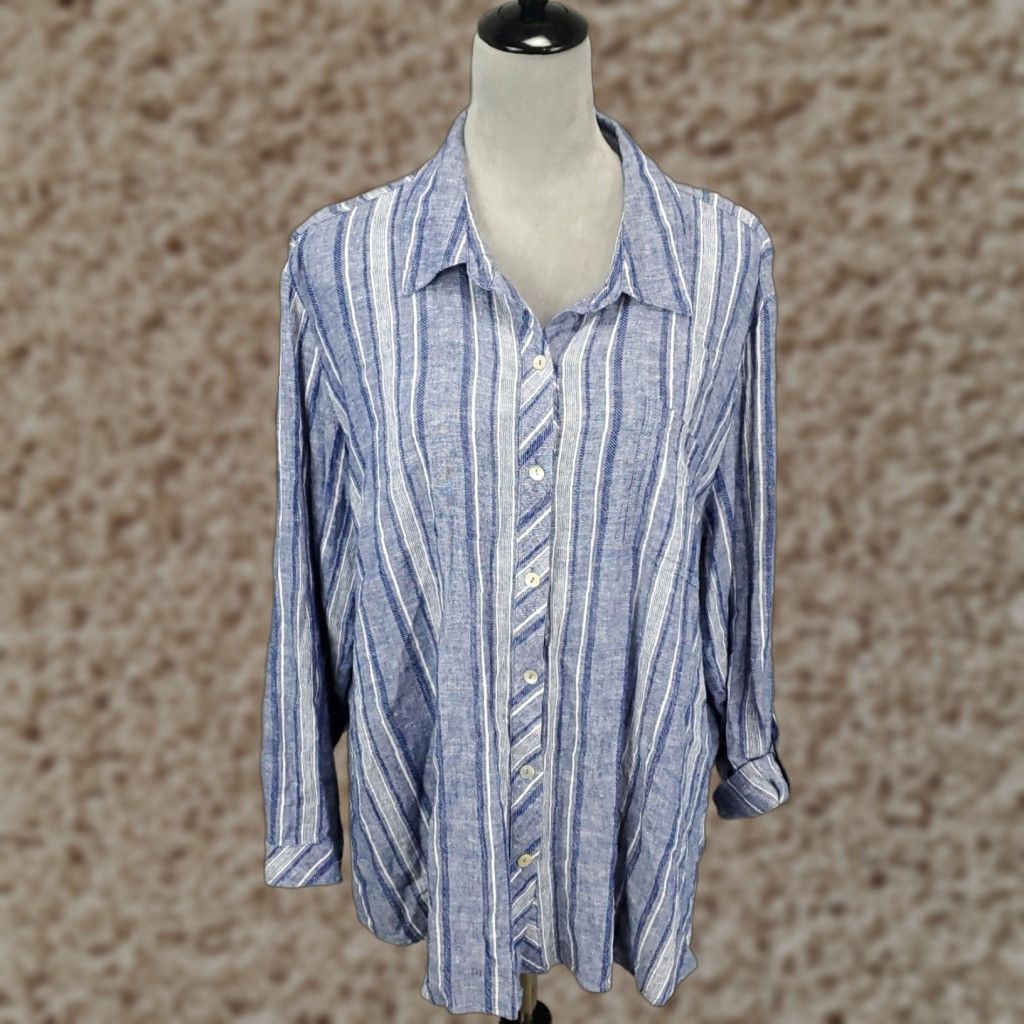 Vintage Susan Graver Linen Button Up Womens Petite XL Blue Striped Roll Tab Sleeve Size XL / US 12-14 / IT 48-50 - 1 Thumbnail