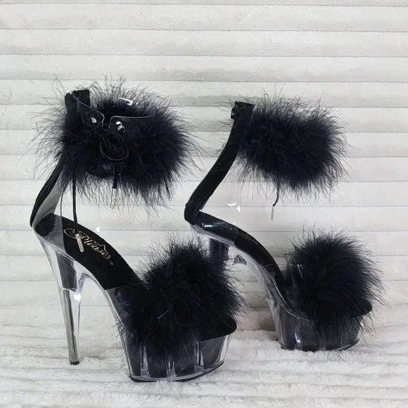 Other Delight 624F Black Furry Marabou Feather 6" High Heel Platfo Size US 12 / IT 42 - 3 Thumbnail