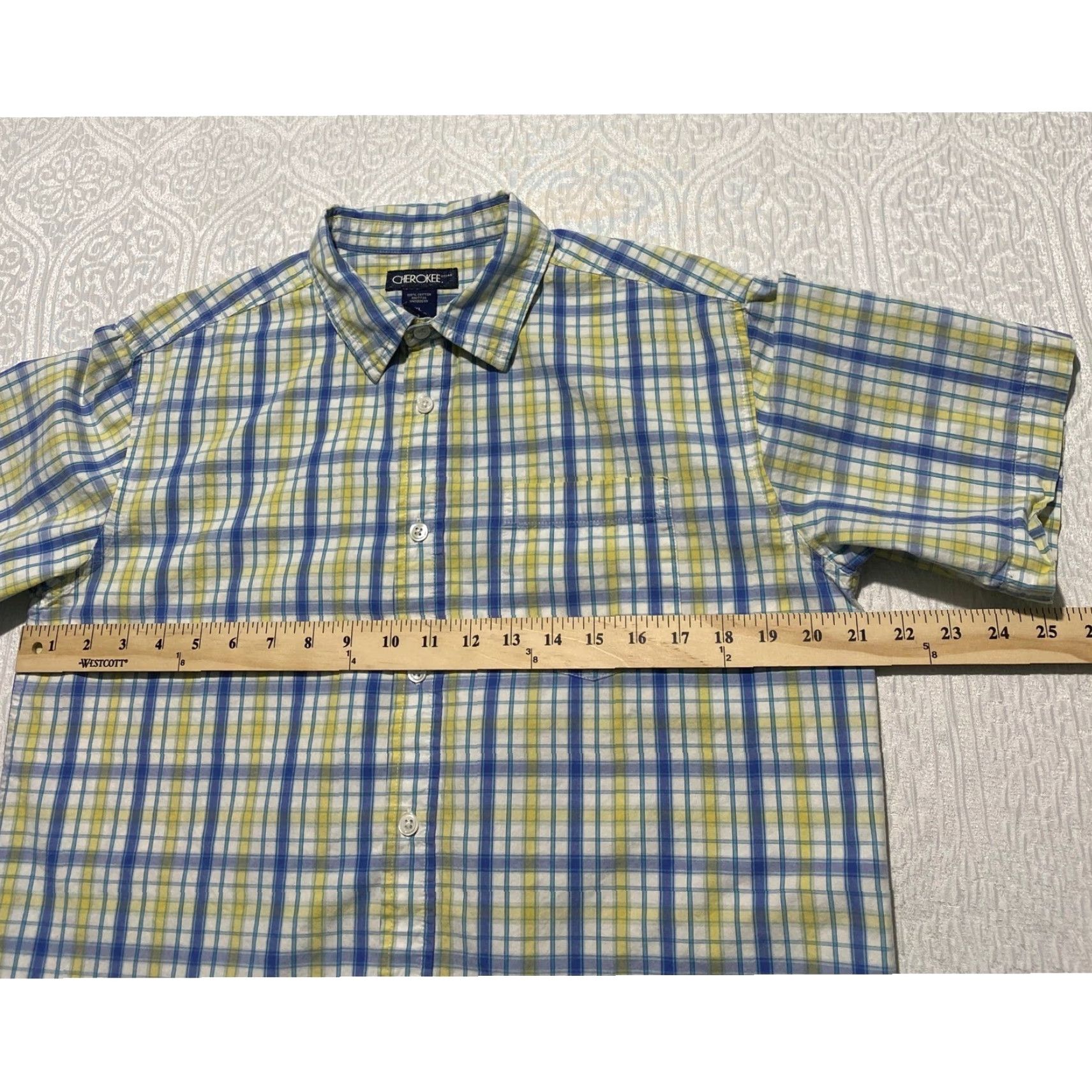 Cherokee Cherokee Shirt Button-Up Plaid Short Sleeve Boys XL 16 Blue Yellow Cotton Regular Shirt Boys Mens? Size US XL / EU 56 / 4 - 5 Thumbnail