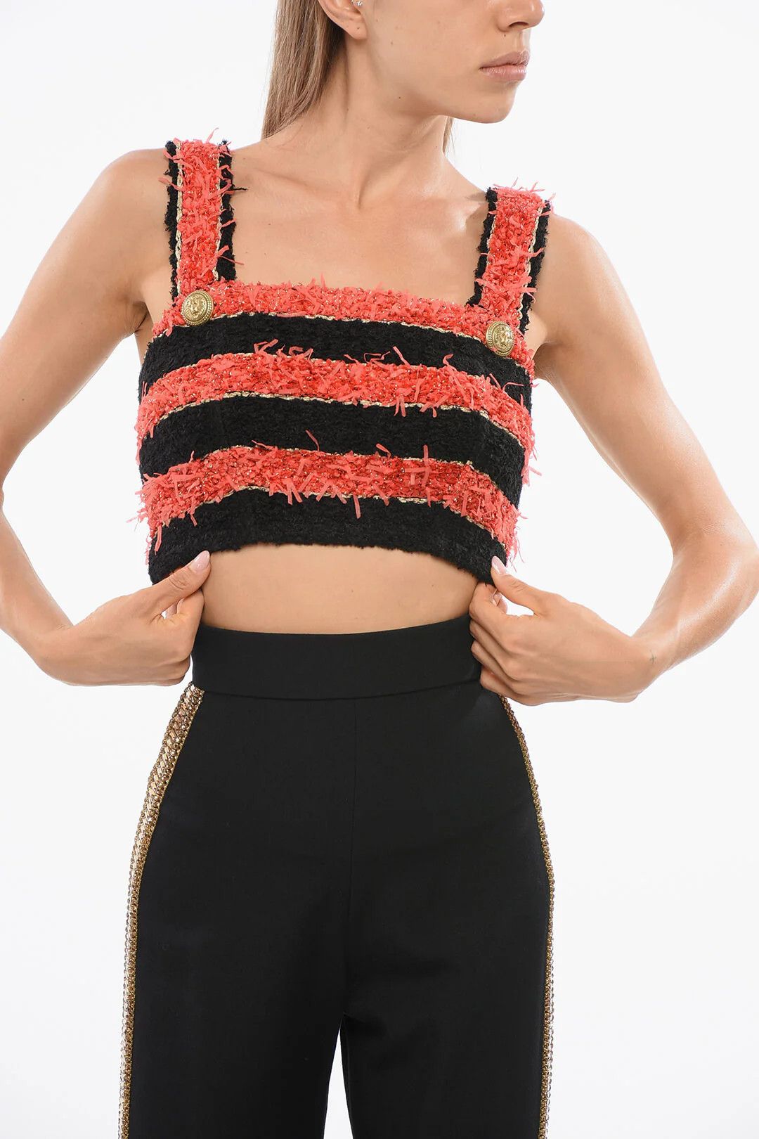 Balmain og1mm0326 Two-Tone Striped Tweed Crop Top in Black & Red Size S / US 4 / IT 40 - 1 Thumbnail