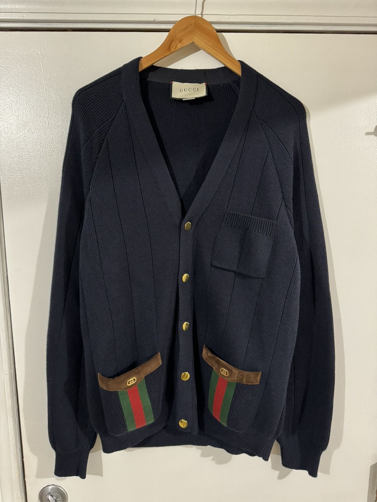 image of Gucci Knit Wool Blend Cardigan With Web 2Xl 23X30 in Navy, Men's