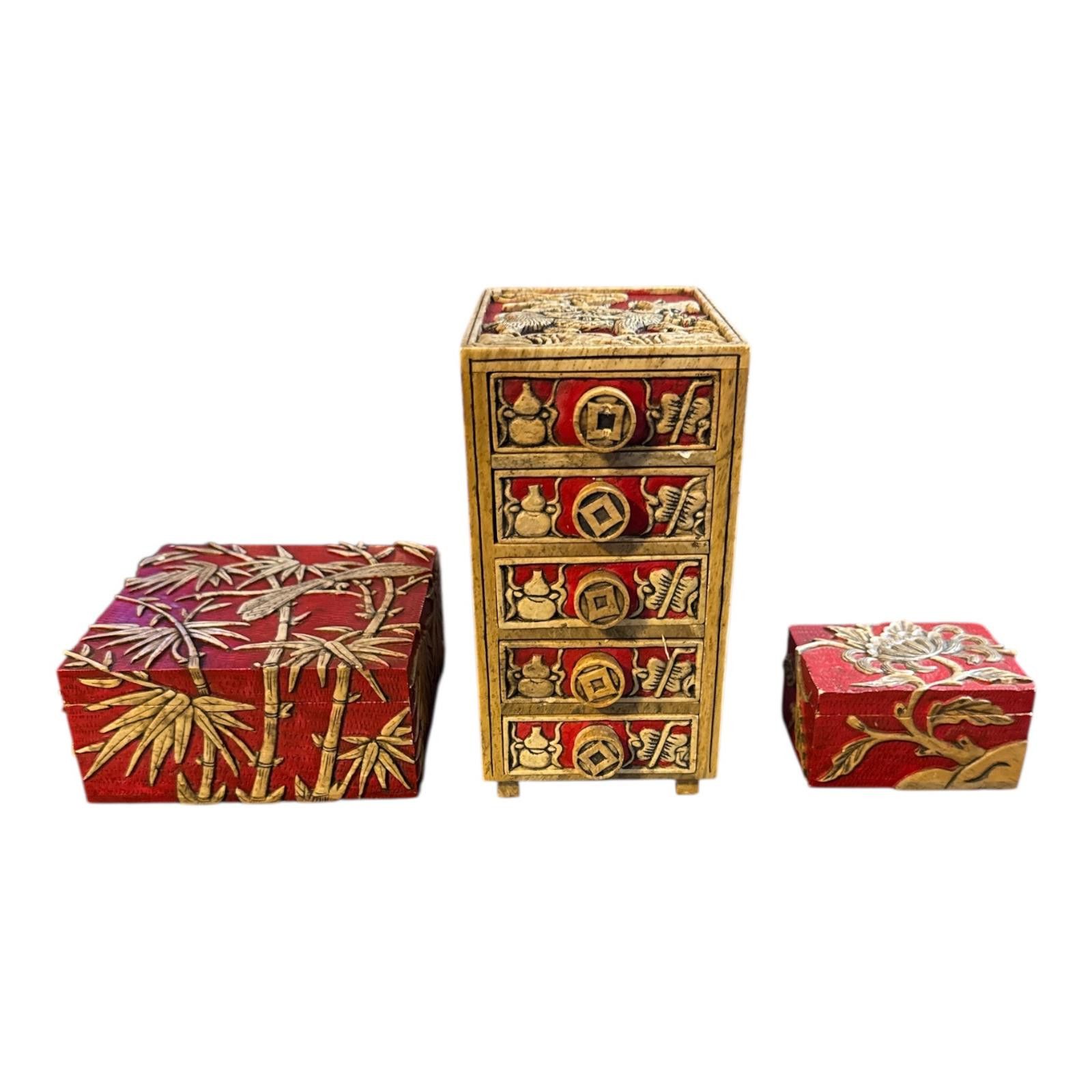 2120 Handcrafted 3 Vintage Asian-Inspired Red and Gold Decorative Stone Boxes Size ONE SIZE - 1 Thumbnail