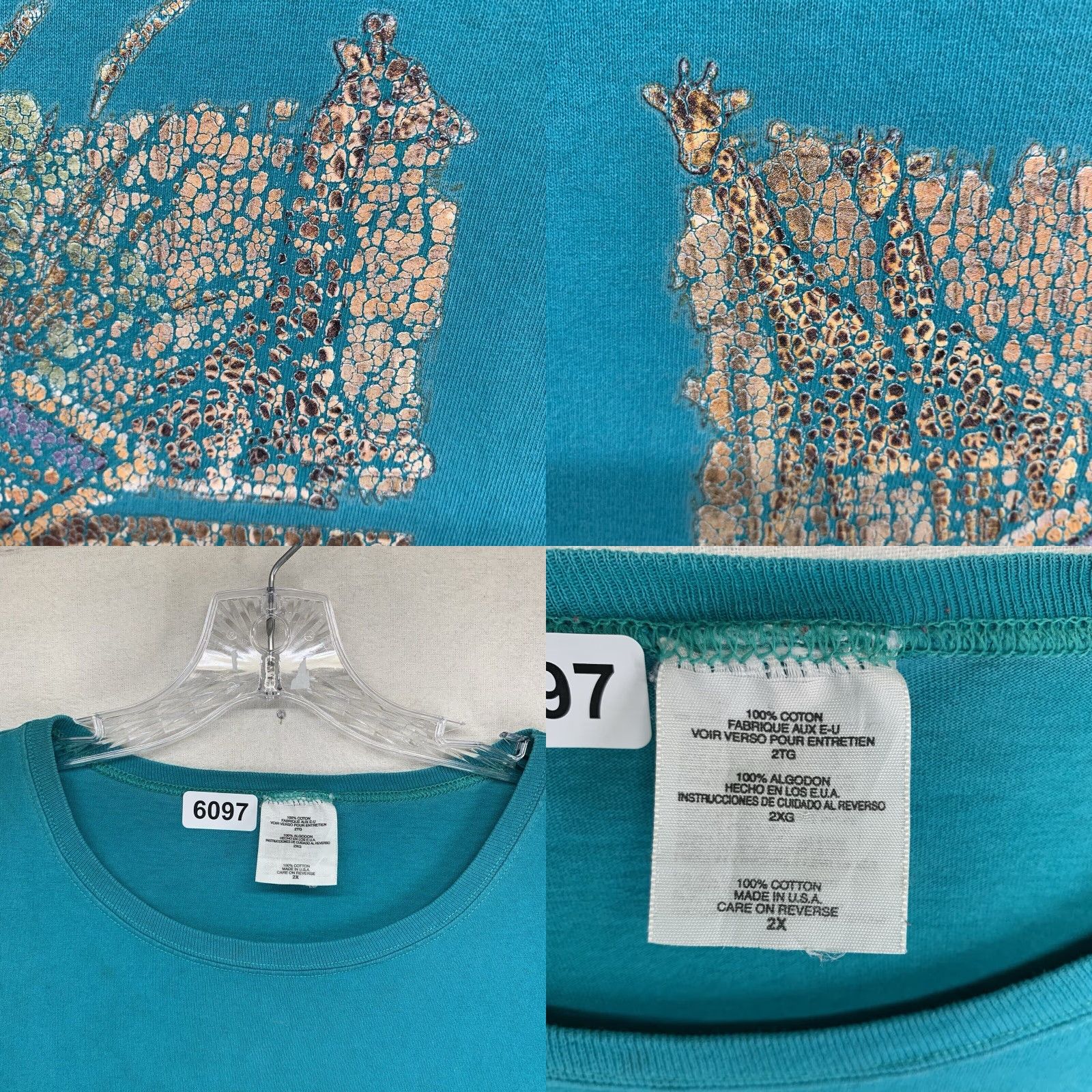 Vintage VINTAGE Single Brand T-Shirt Unisex Adults 2X Lagoon Blue Giraffe Animal Print 90s Nature, All Seasons Size US XXL / EU 58 / 5 - 8 Thumbnail