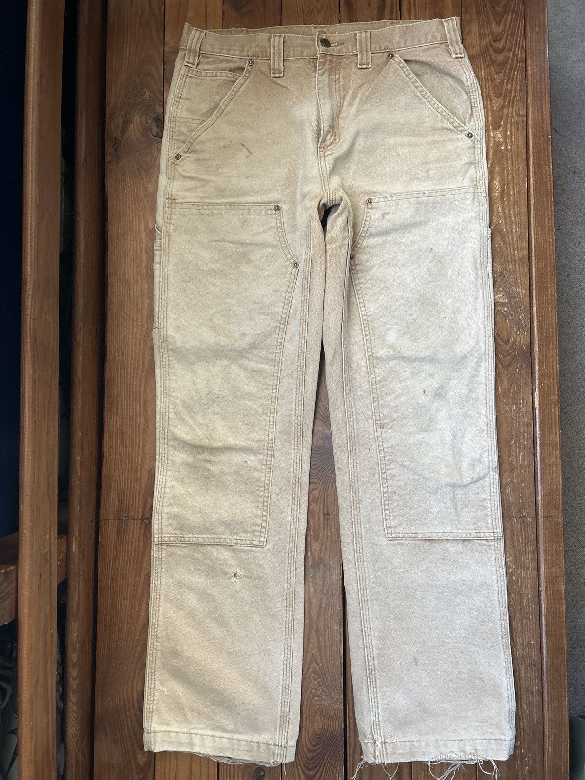 Carhartt × Vintage Vintage Carhartt Tan Faded Distressed Double Knee Pants Size US 32 / EU 48 - 1 Thumbnail