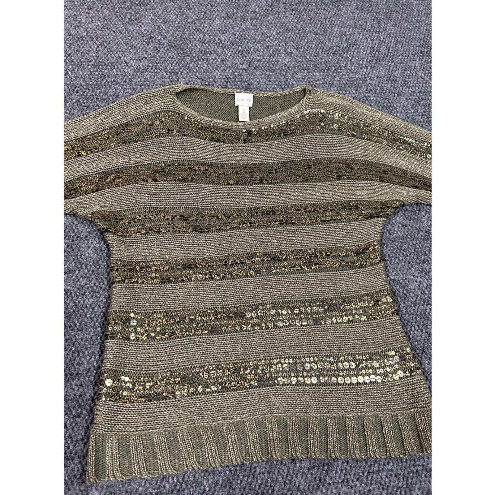 Vintage Chicos Sweater Womens 2 Green Gold Sequin Stripe Knit Metallic Short Sleeve Pullover Round Neck Knit Style Chunky-Knit Fashion Modern Mens? Size XS / US 0-2 / IT 36-38 - 4 Thumbnail