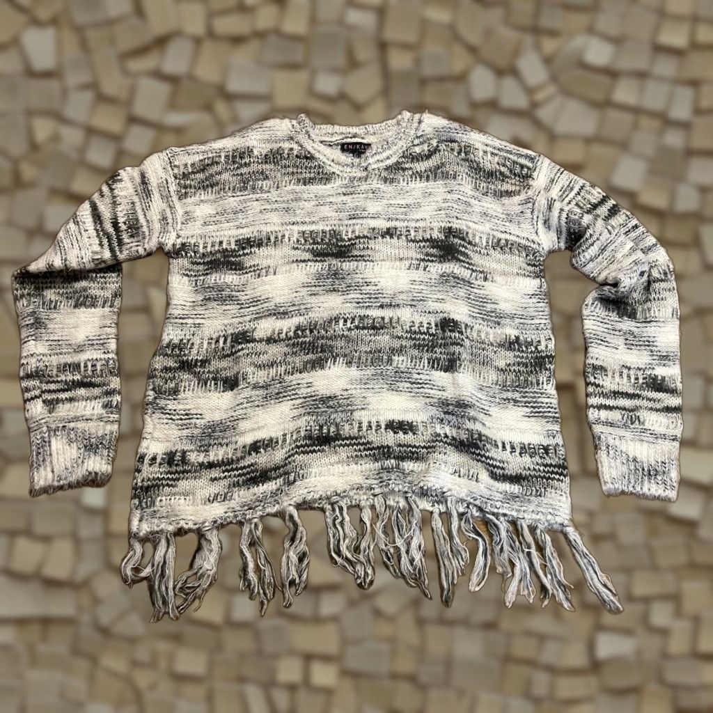 Vintage Navleen Sweater Women's Large Knit Gray White Fringed Hem Pullover NWT Size L / US 10 / IT 46 - 1 Thumbnail
