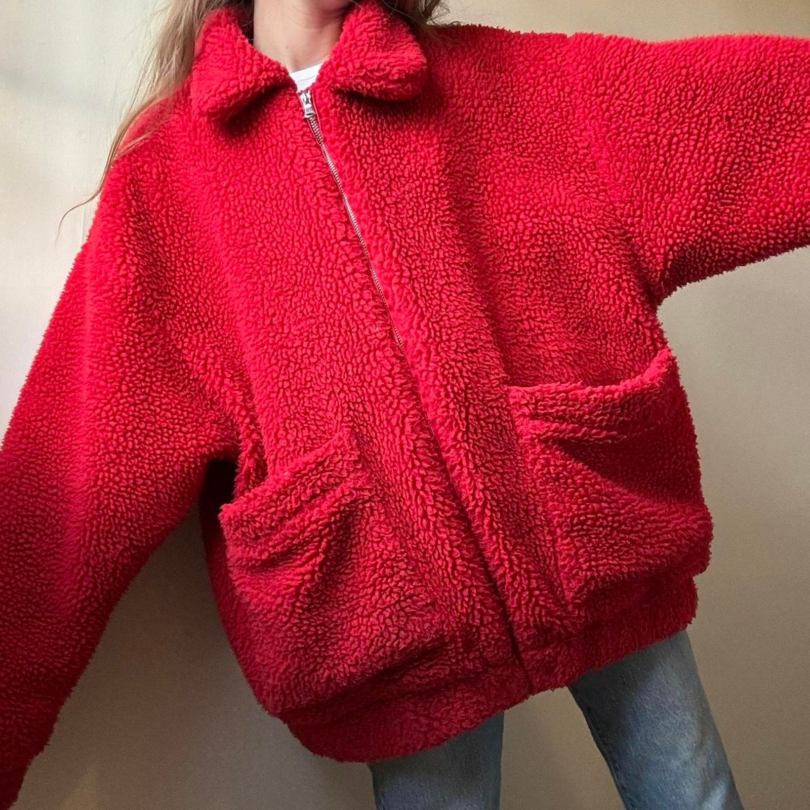 I.AM.GIA I.AM.GIA Red Faux Sherpa Pixie Coat Small Oversized Zip Size S / US 4 / IT 40 - 1 Thumbnail