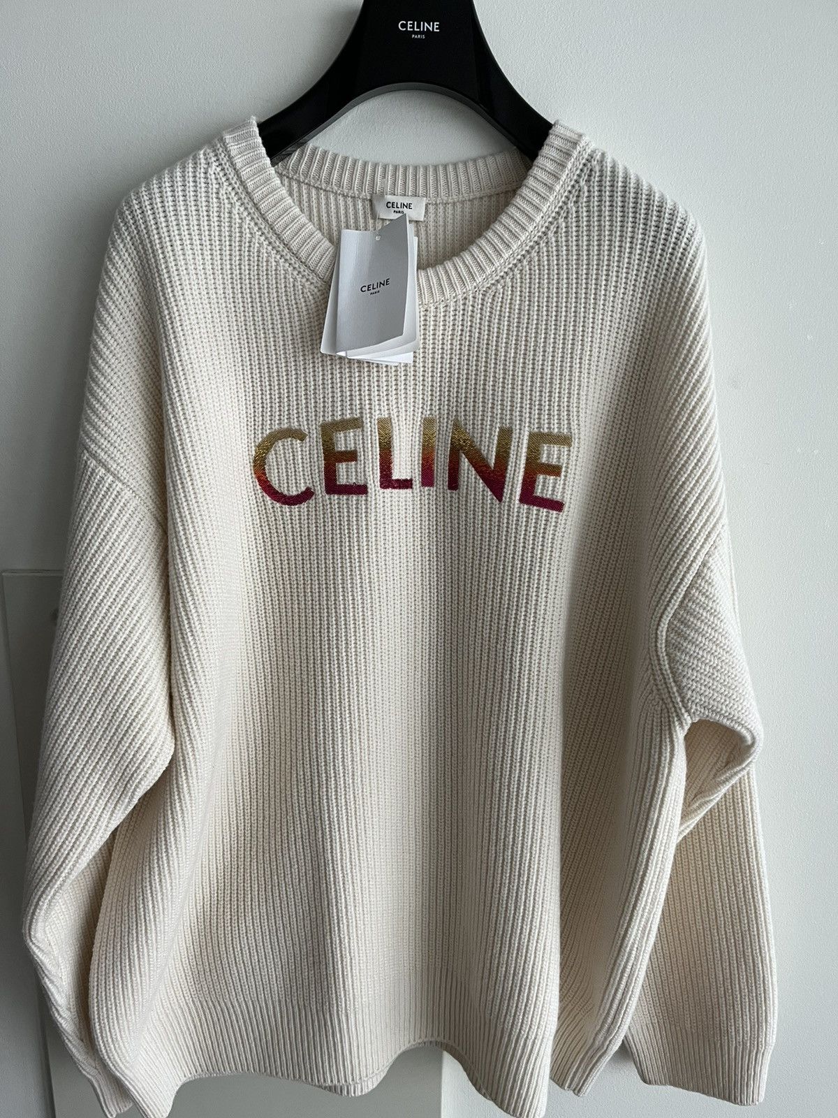 image of Celine By Hedi Super Runway Logo Wool Sweater in White, Men's (Size 2XL)