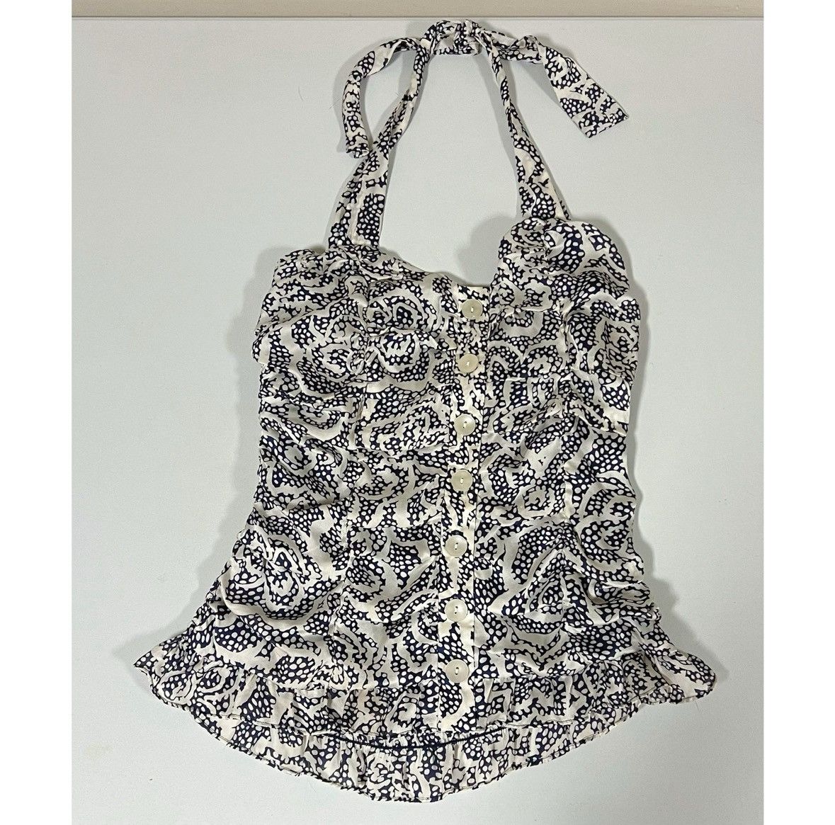 Vintage Navy Blue Polka Dot Ruffle Retro Halter Shirt Blouse Size S🤍 Size S / US 4 / IT 40 - 2 Thumbnail