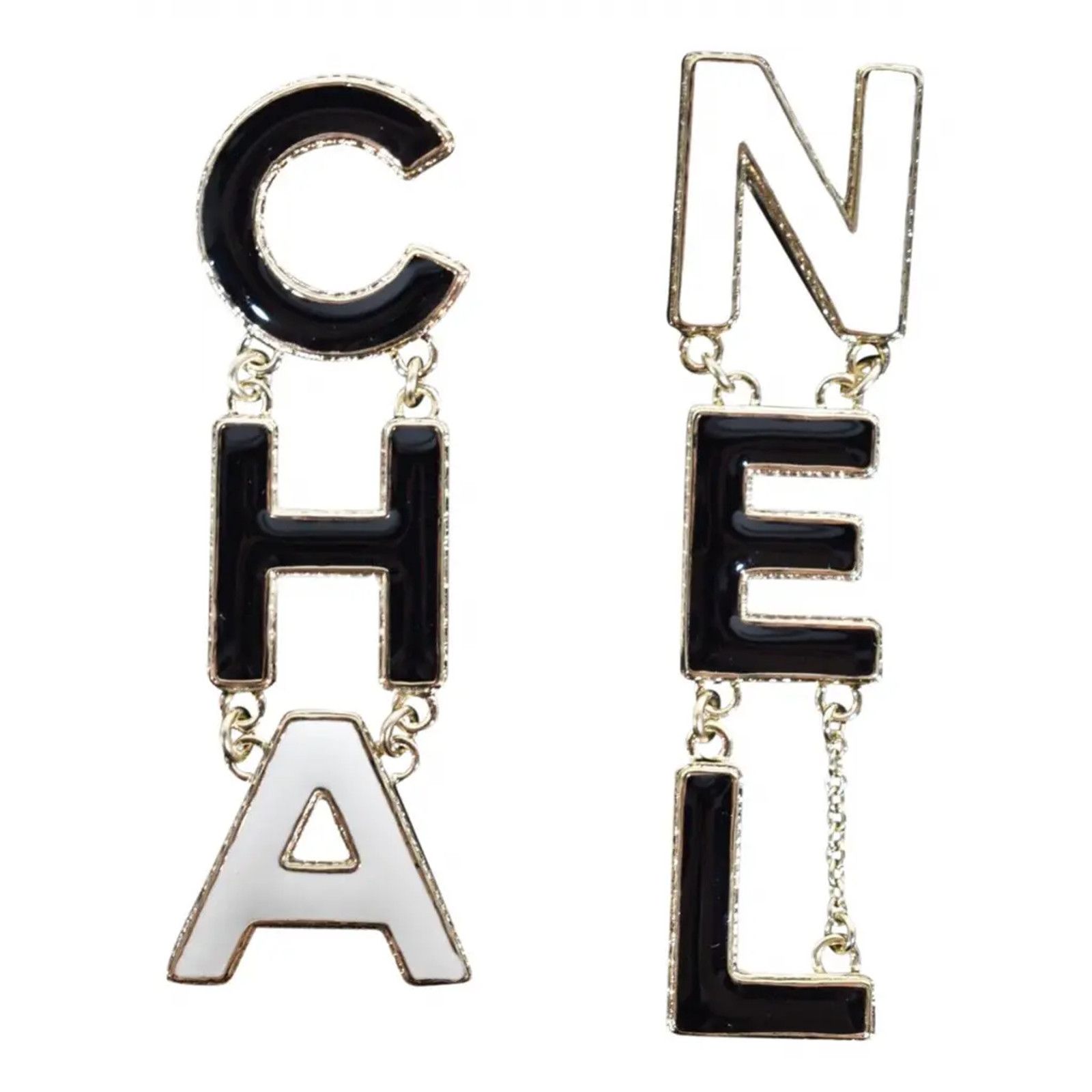 Chanel Chanel Gold CHA NEL Letter Logo Large Dangle Drop Earrings Size ONE SIZE - 1 Thumbnail