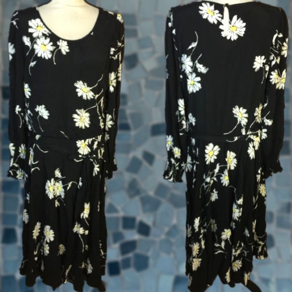 Talbots Midi Dress Women 12 Black Daisy Floral Long Sleeve Belted Viscose  Womens
