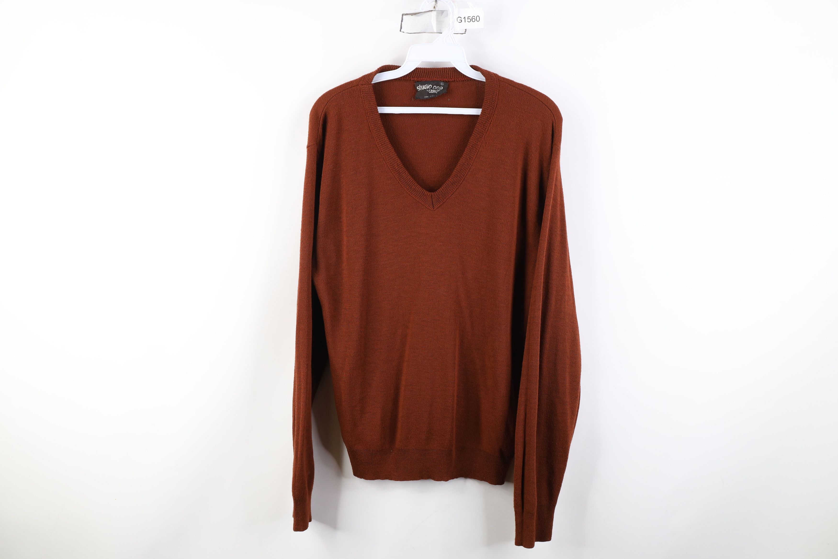 Vintage 70s Streetwear Knit V-Neck Sweater Rust Brown USA