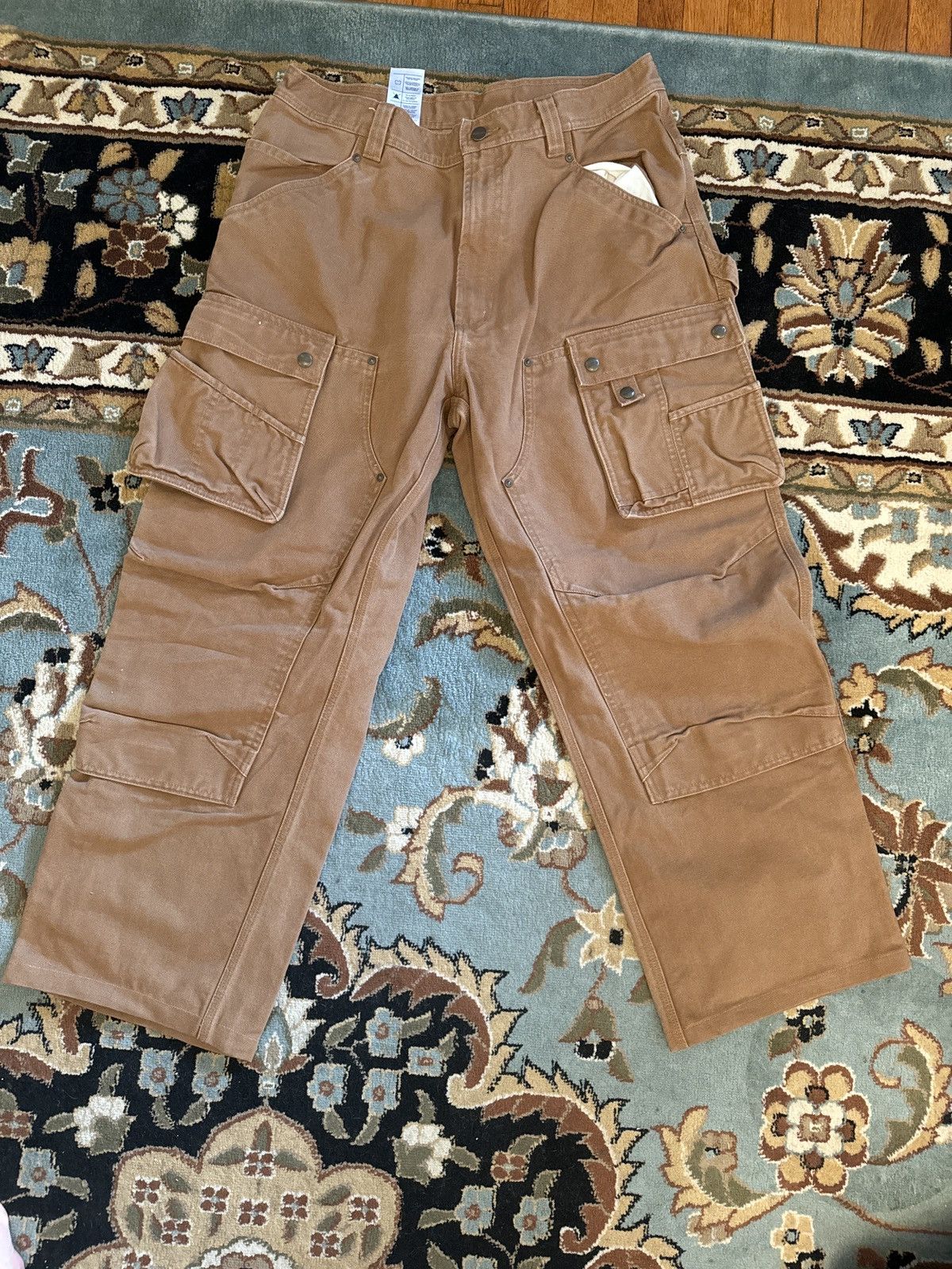 image of Vintage Wash Carhartt Cargo Work Pants (Duck) in Tan, Men's (Size 36)