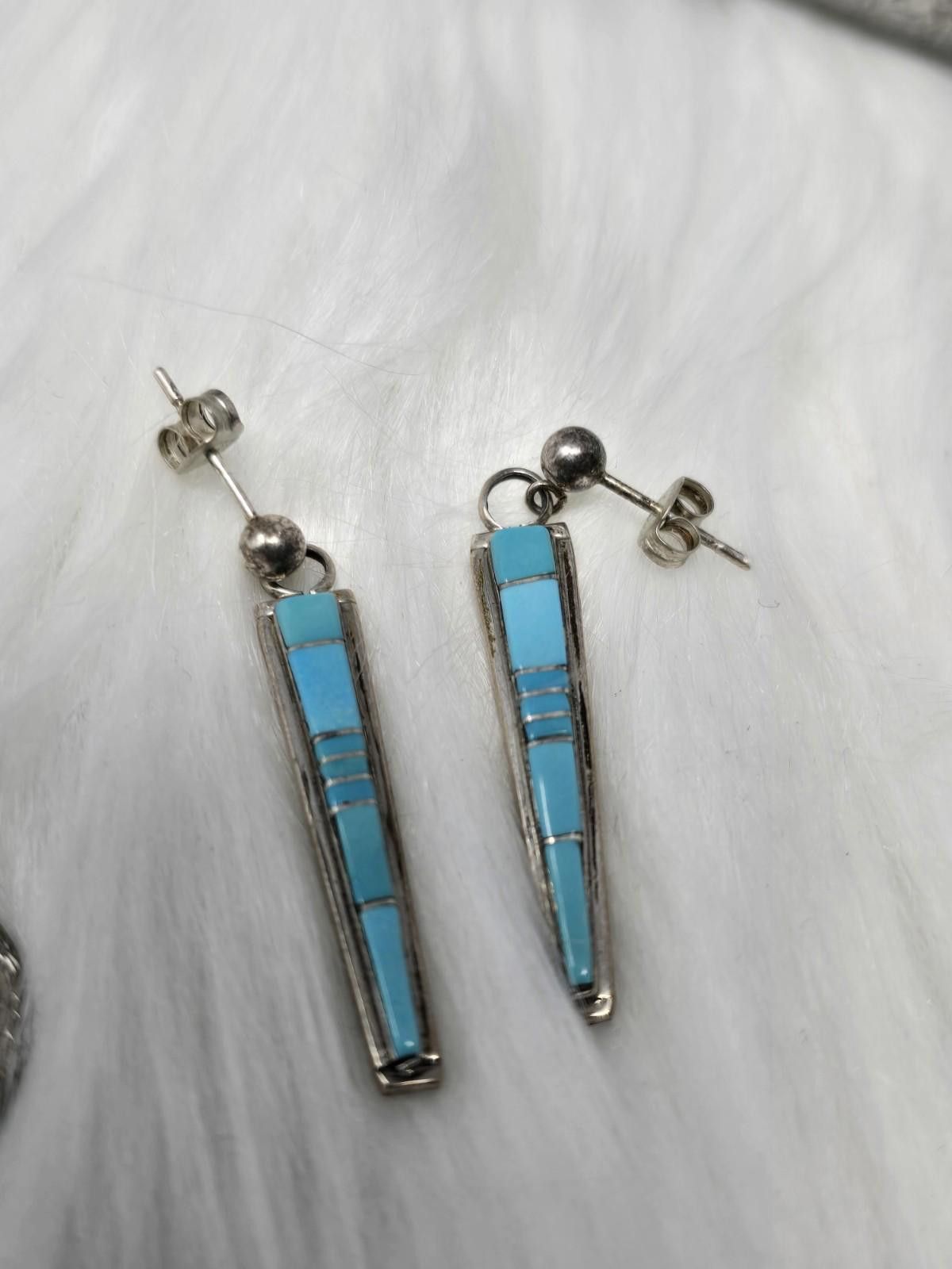 Other Zuni R Natachu Sterling Silver Turquoise Inlay Drop Earrings Size ONE SIZE - 7 Thumbnail