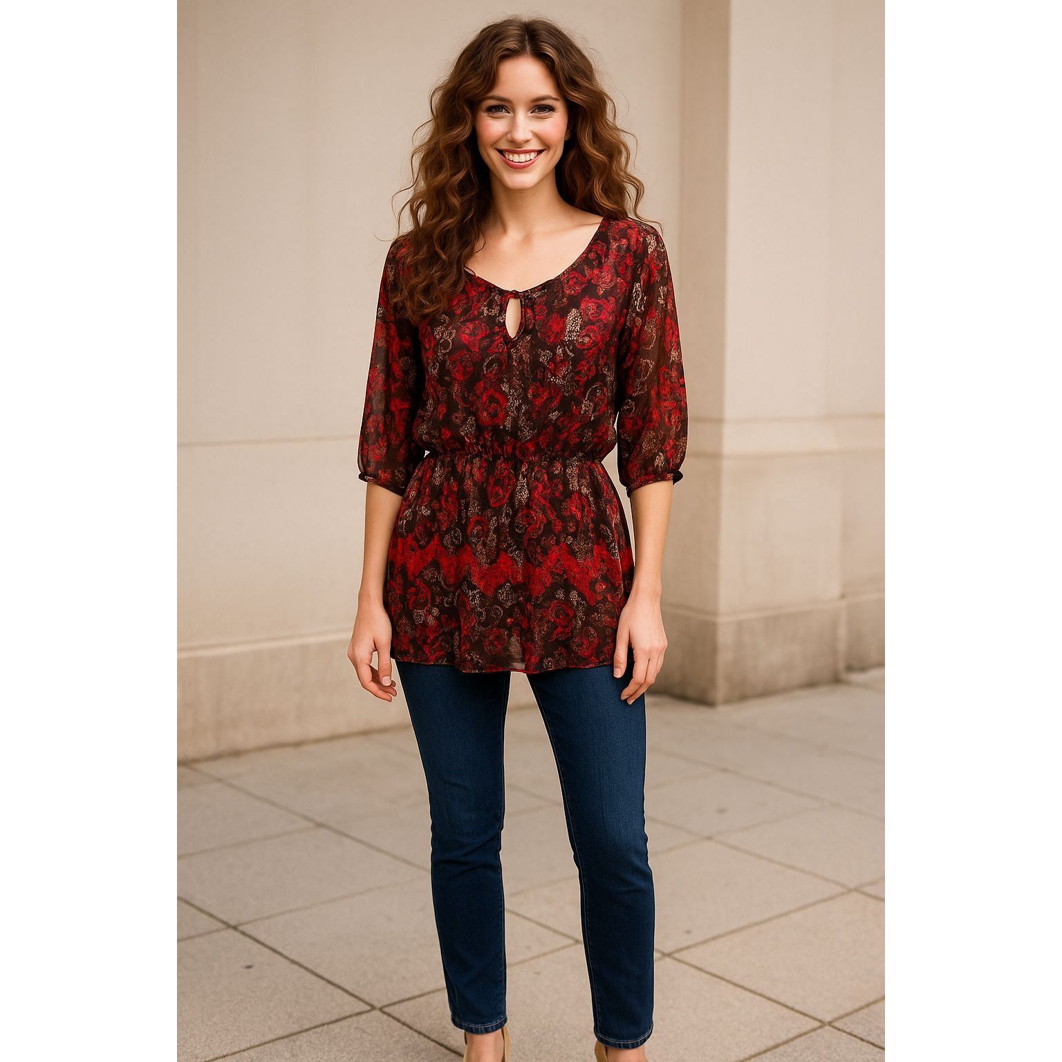 Other AGB XL Sheer Lace Tunic Red Black Snake Tie Neck Blouse Roma Size XL / US 12-14 / IT 48-50 - 1 Thumbnail